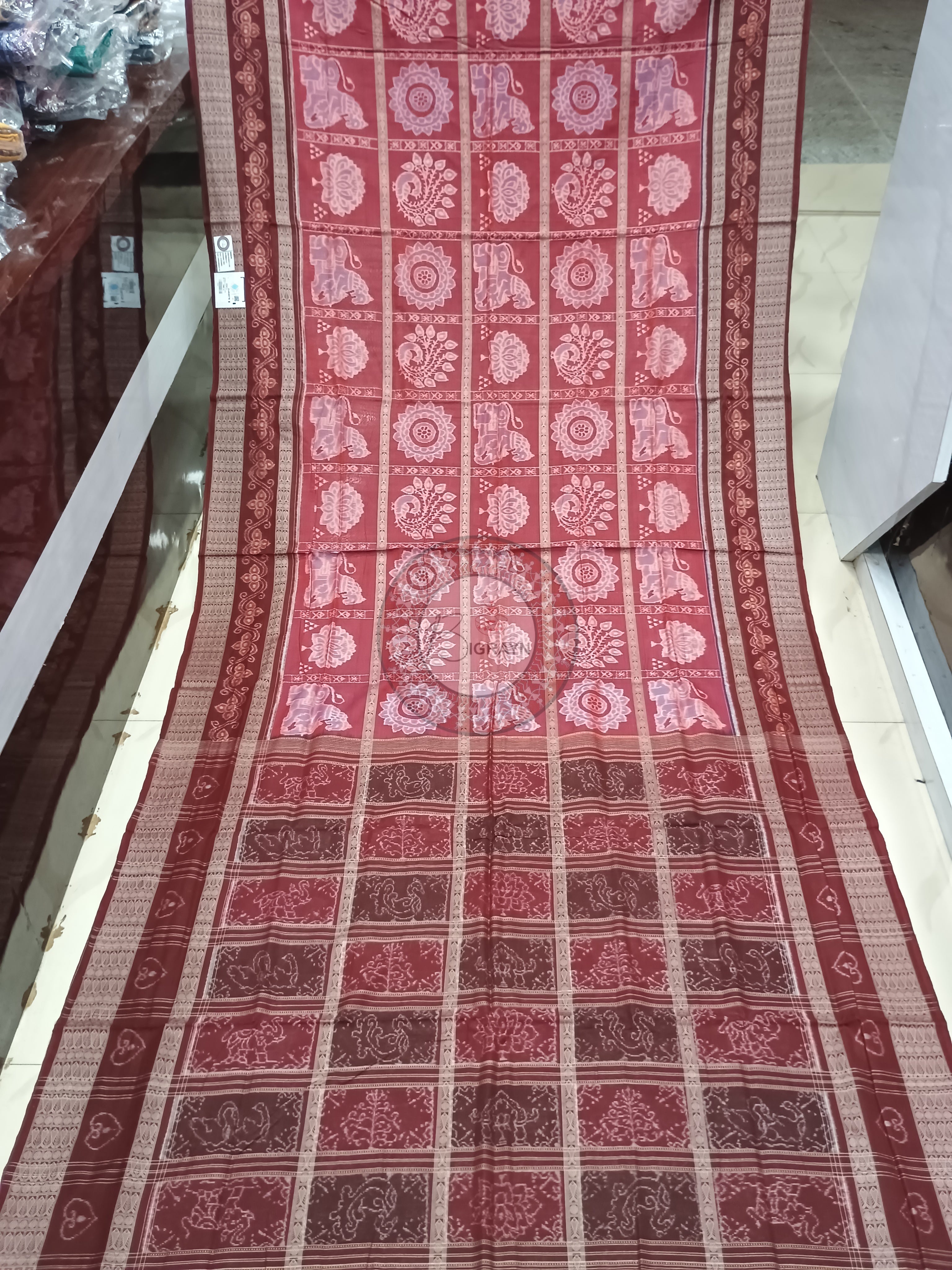 Maroon Coffee Lion And Lotus Odisha Handloom Sambalpuri Cotton Saree