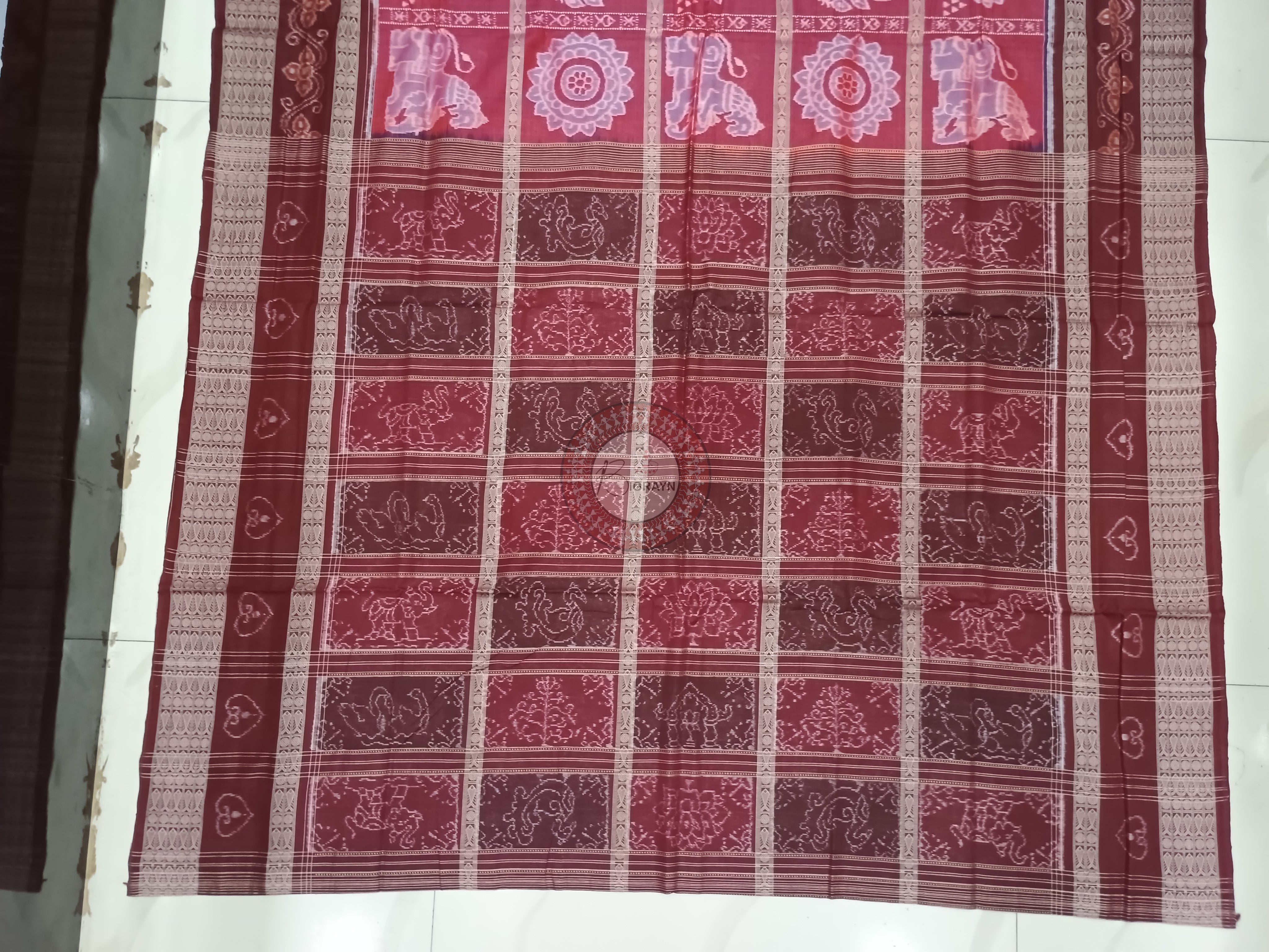 Maroon Coffee Lion And Lotus Odisha Handloom Sambalpuri Cotton Saree