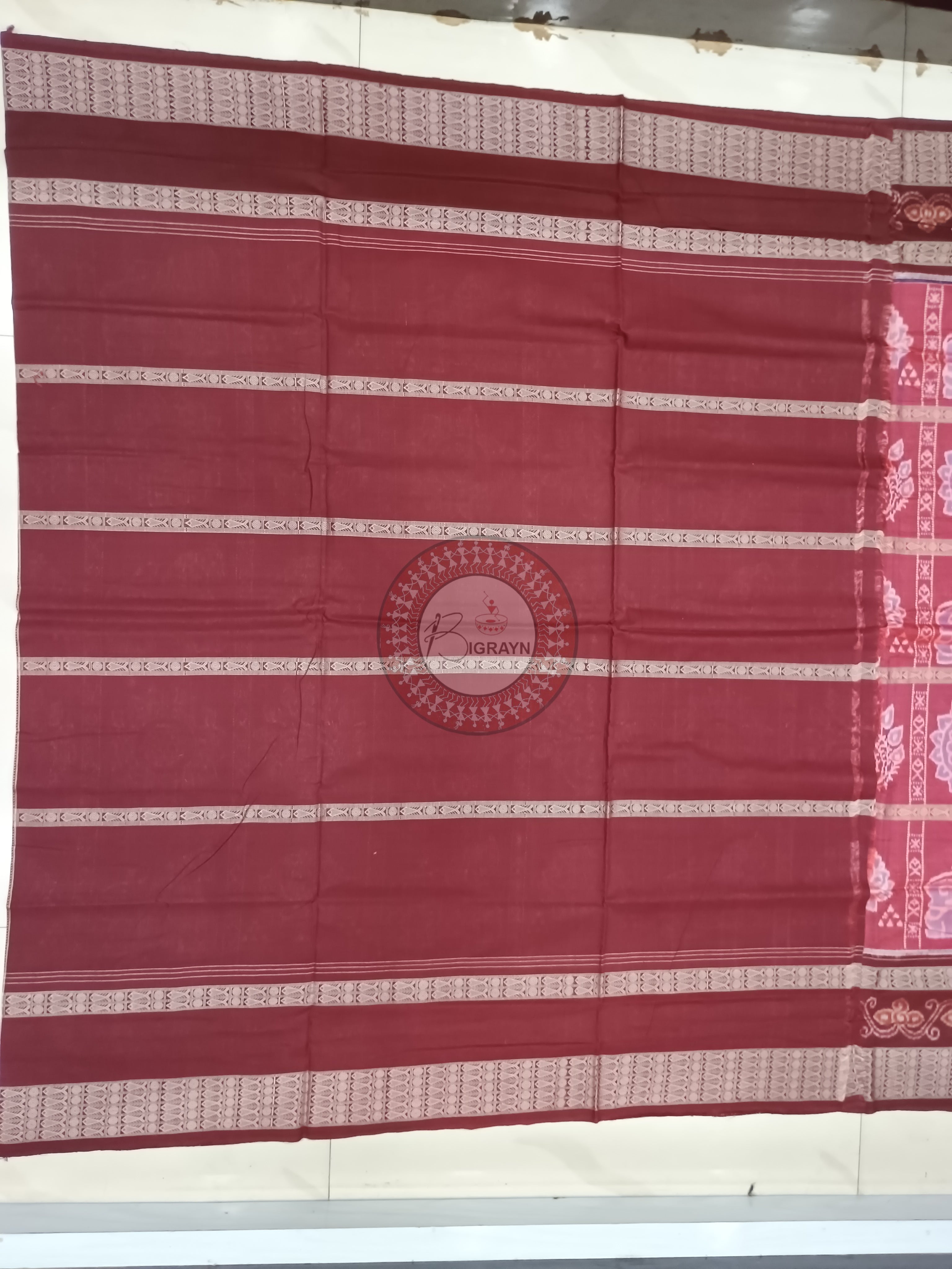 Maroon Coffee Lion And Lotus Odisha Handloom Sambalpuri Cotton Saree