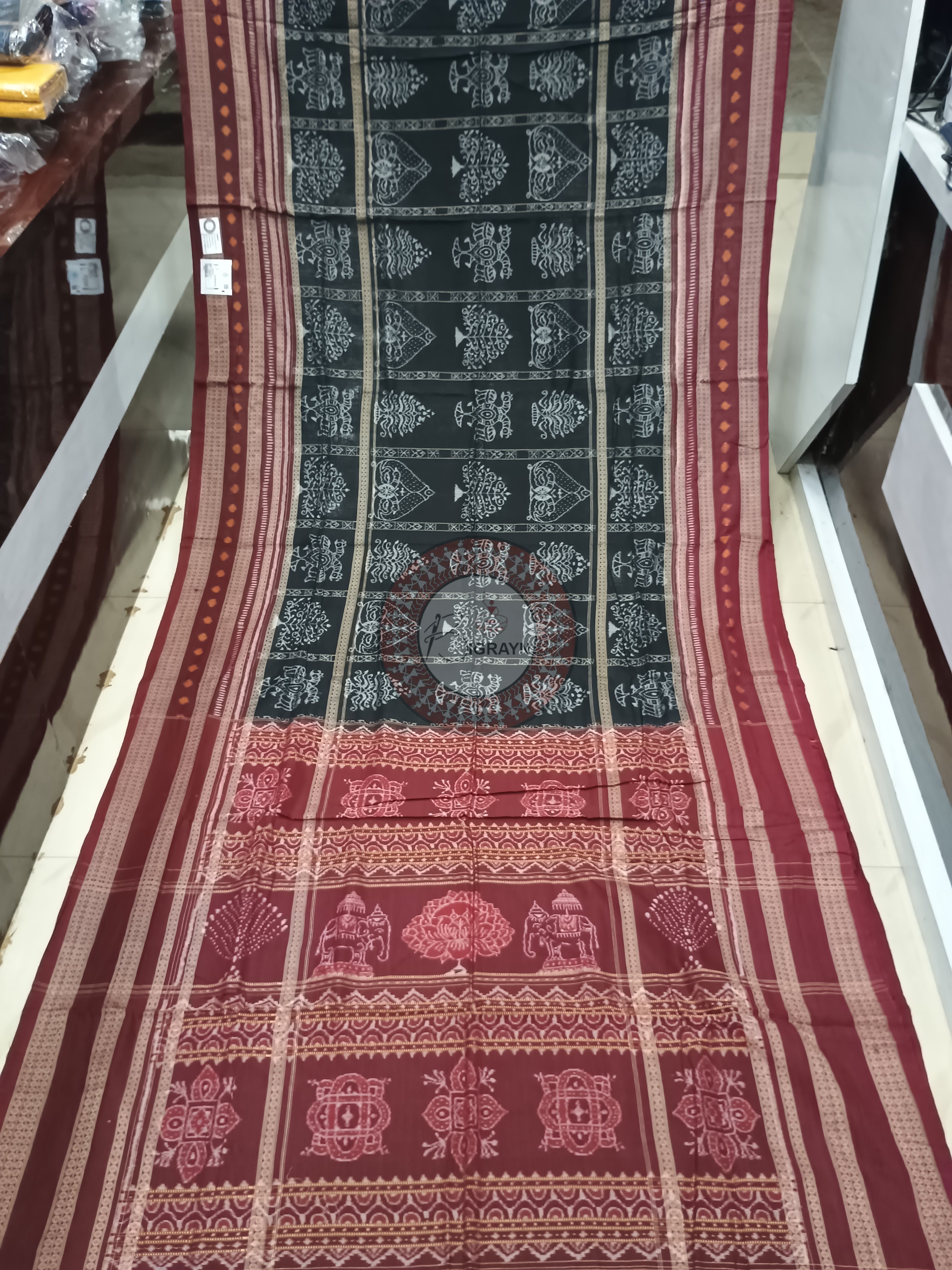 Black Maroon Tree Odisha Handloom Sambalpuri Cotton Saree