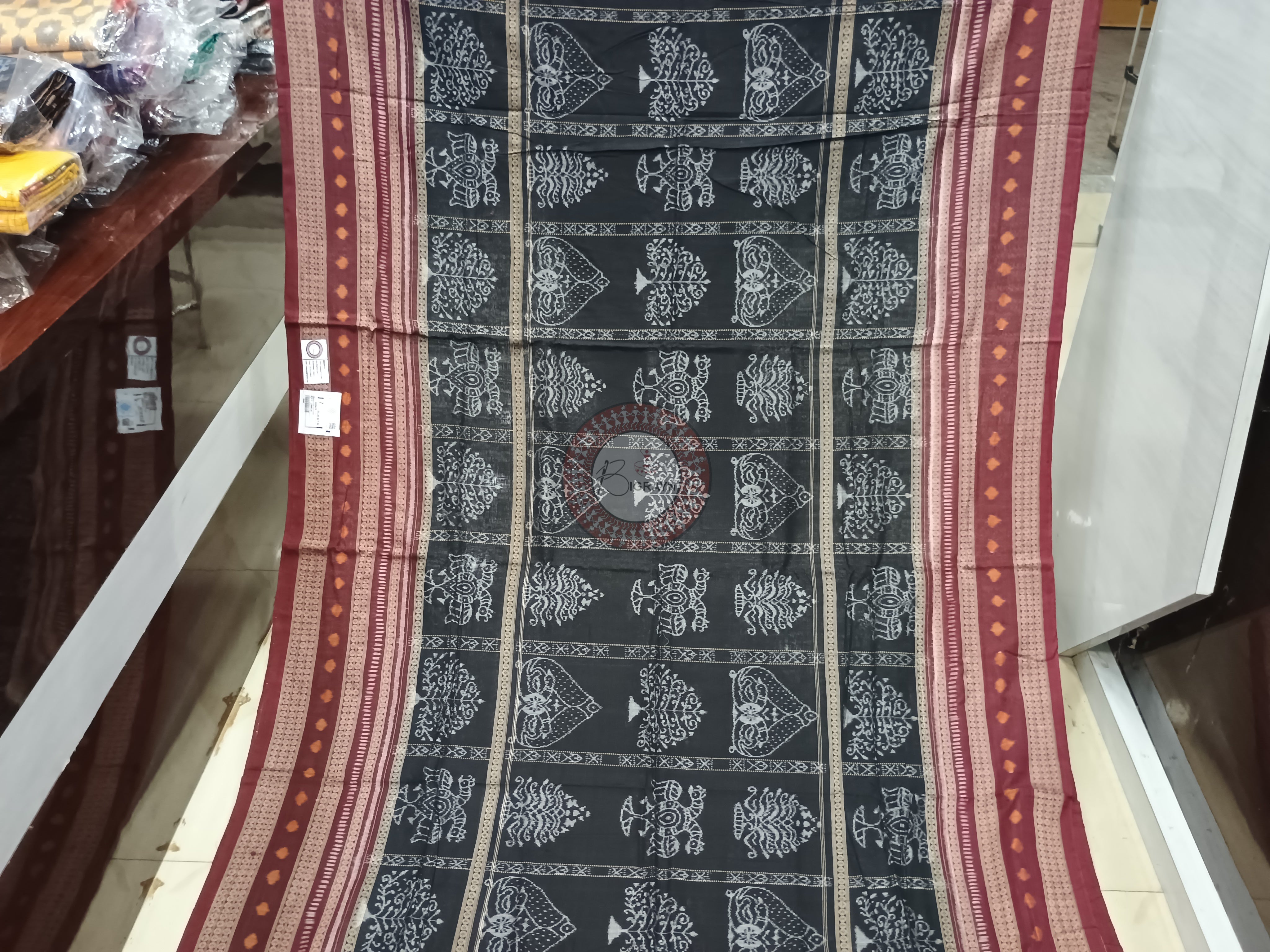 Black Maroon Tree Odisha Handloom Sambalpuri Cotton Saree