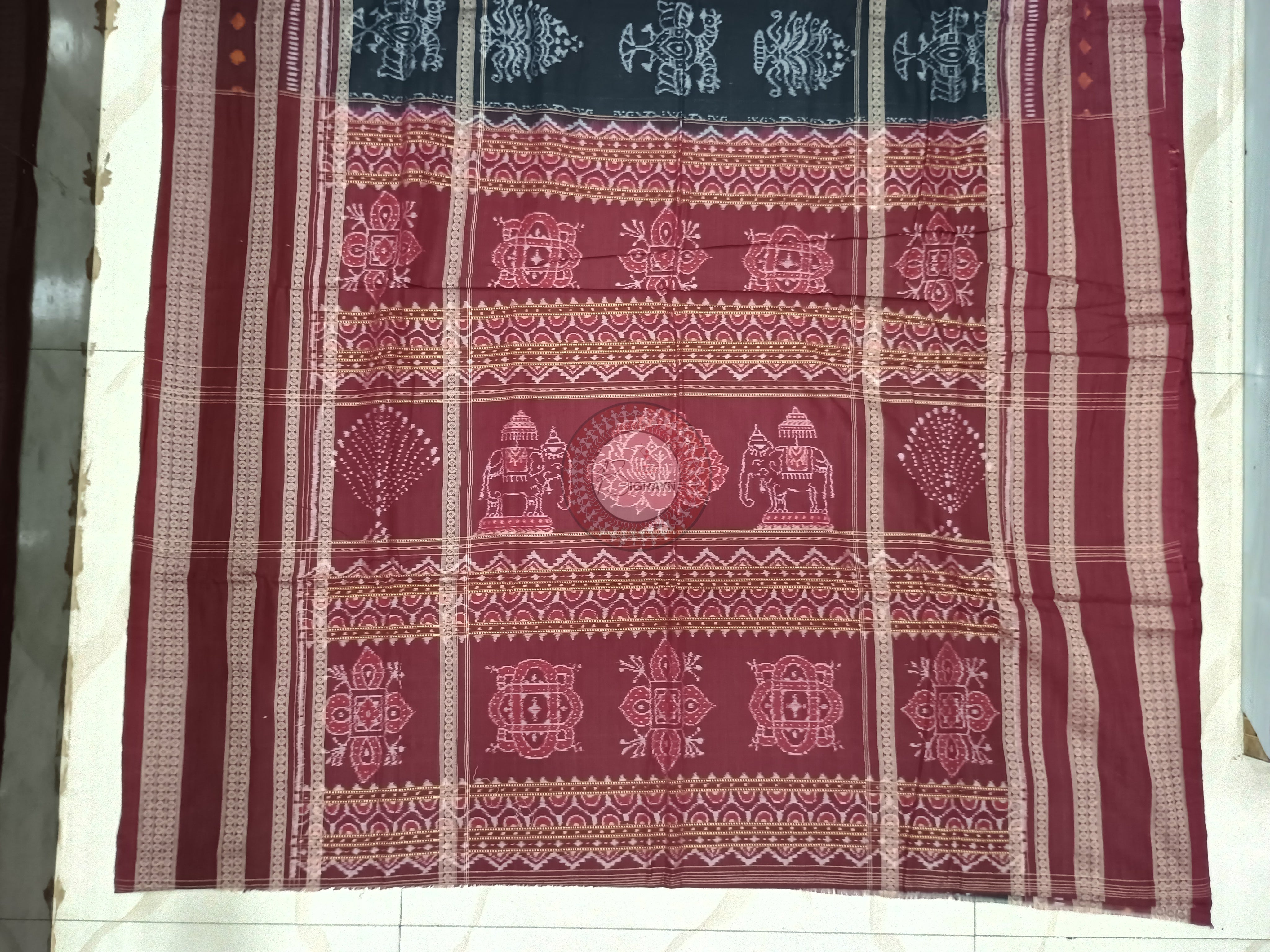 Black Maroon Tree Odisha Handloom Sambalpuri Cotton Saree