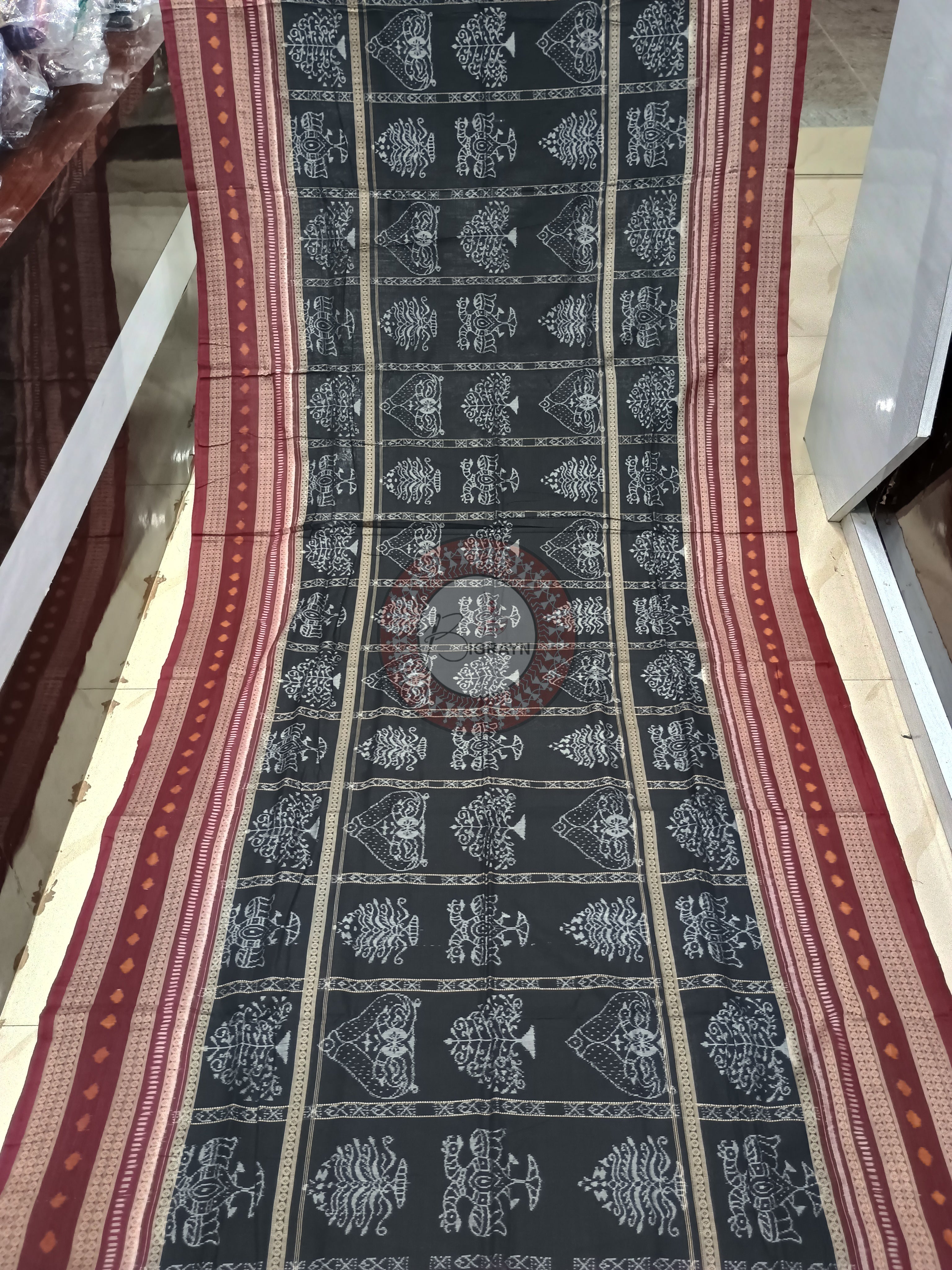 Black Maroon Tree Odisha Handloom Sambalpuri Cotton Saree