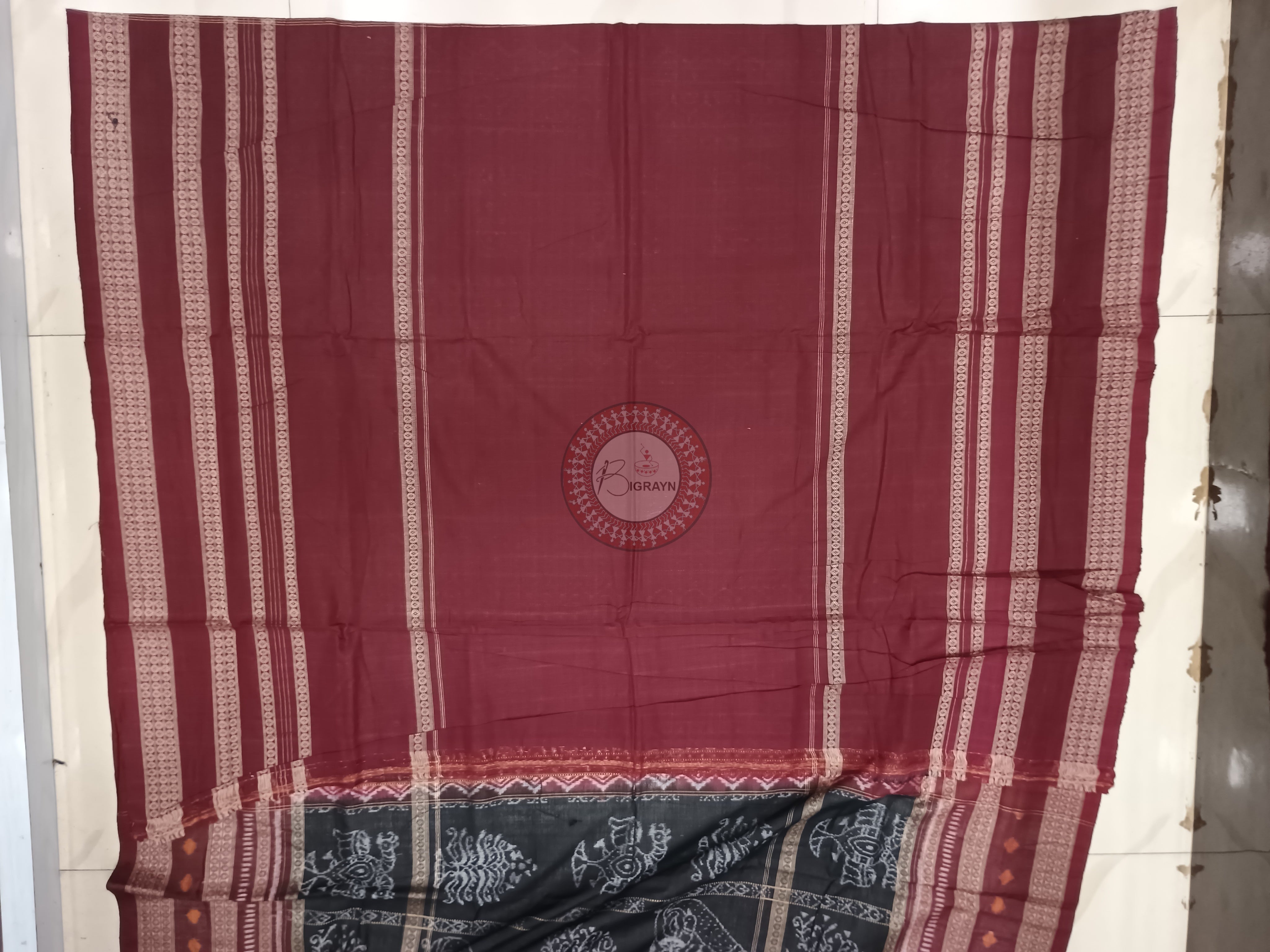 Black Maroon Tree Odisha Handloom Sambalpuri Cotton Saree