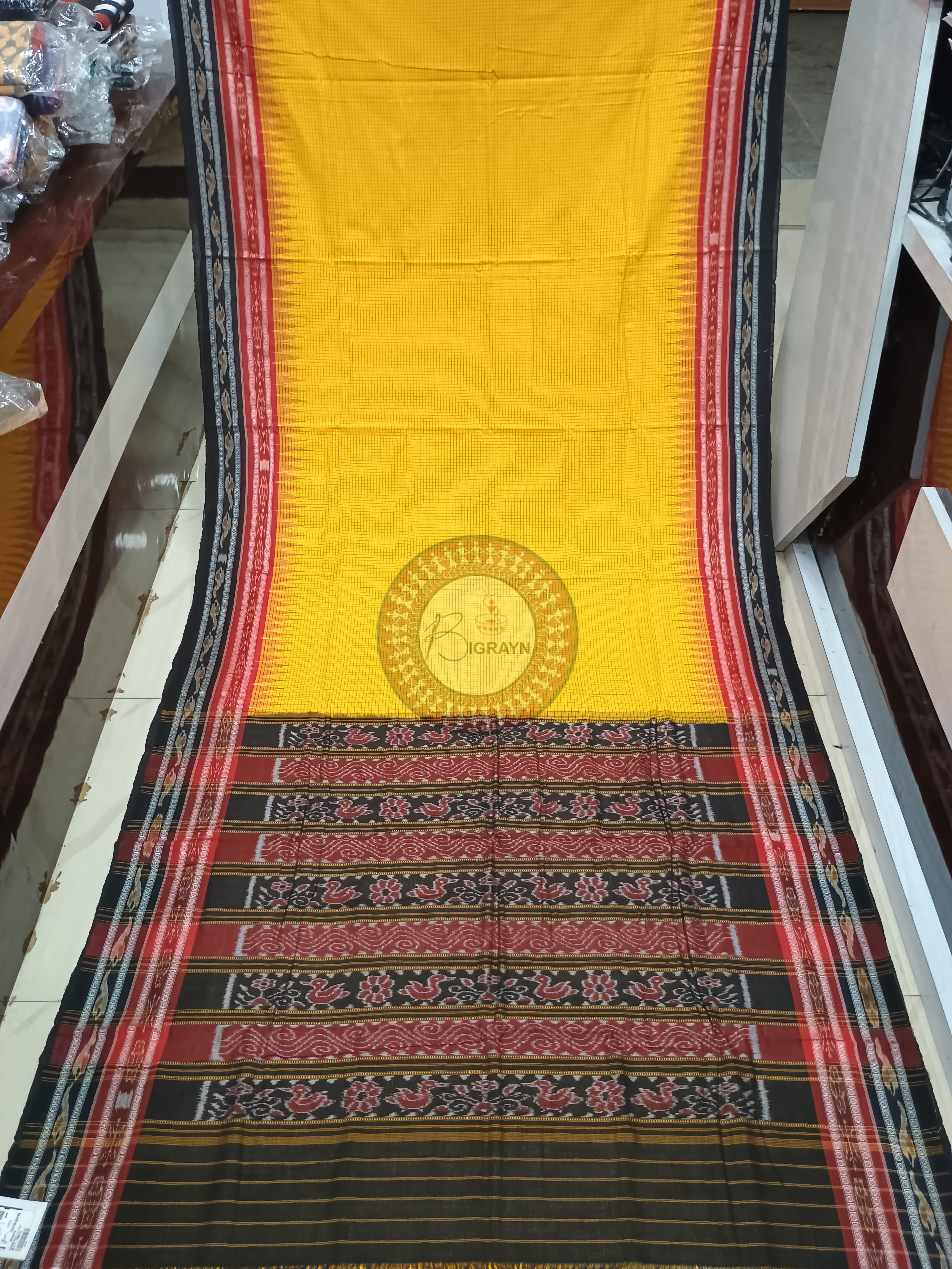 Yellow Black Sachipar Odisha Handloom Sambalpuri Cotton Saree