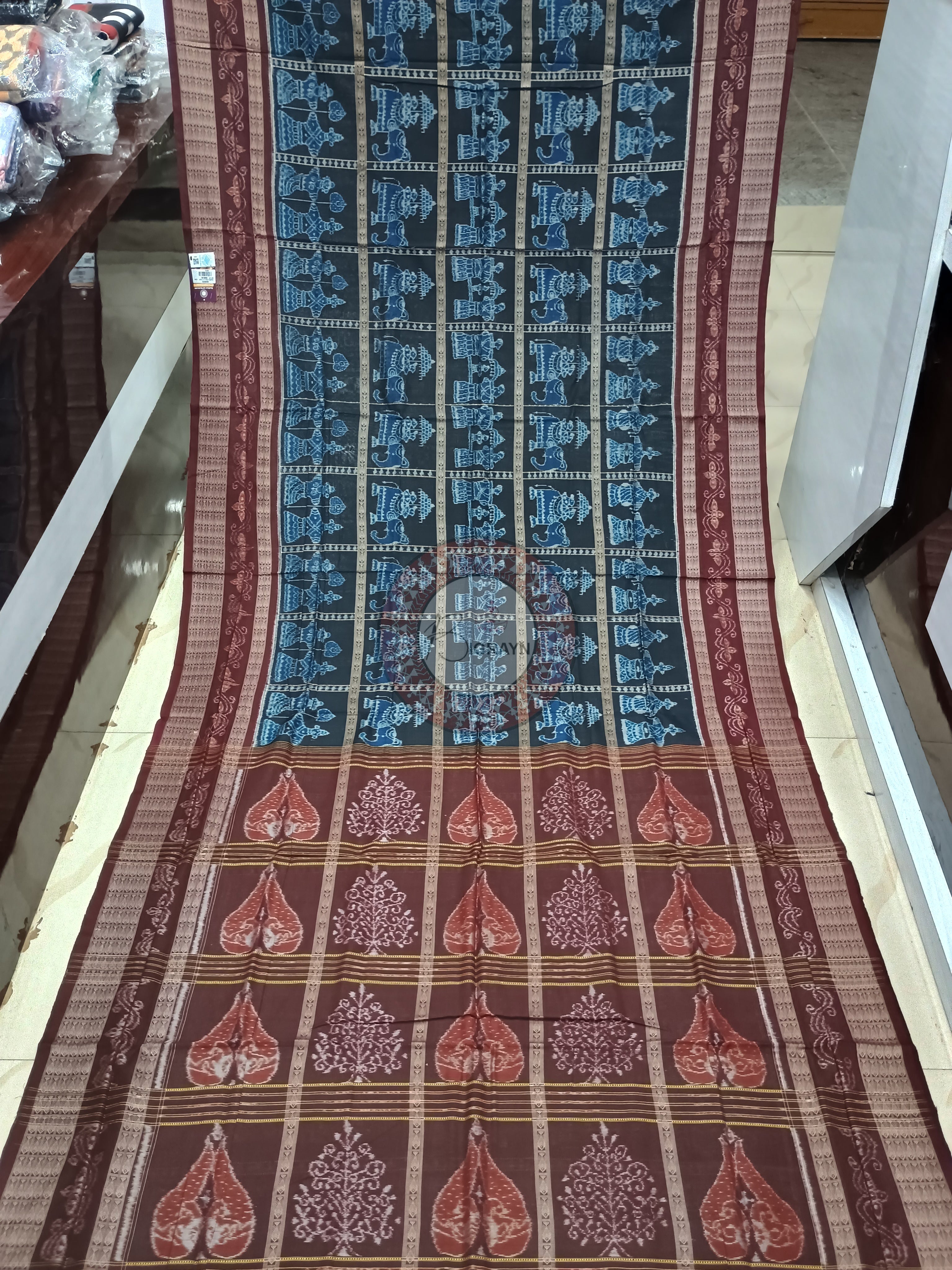 Blue Maroon Elephant Odisha Handloom Sambalpuri Cotton Saree