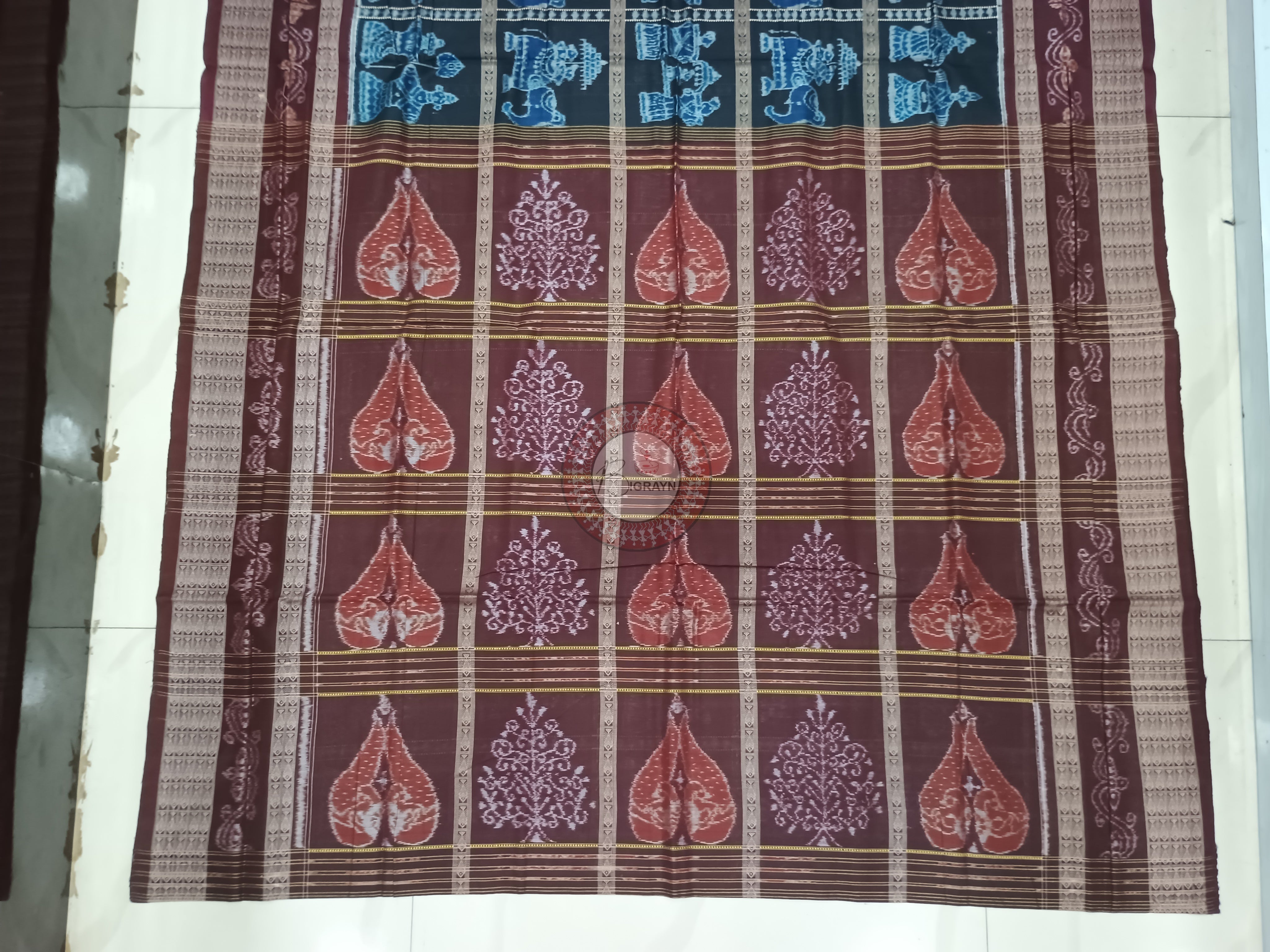 Blue Maroon Elephant Odisha Handloom Sambalpuri Cotton Saree