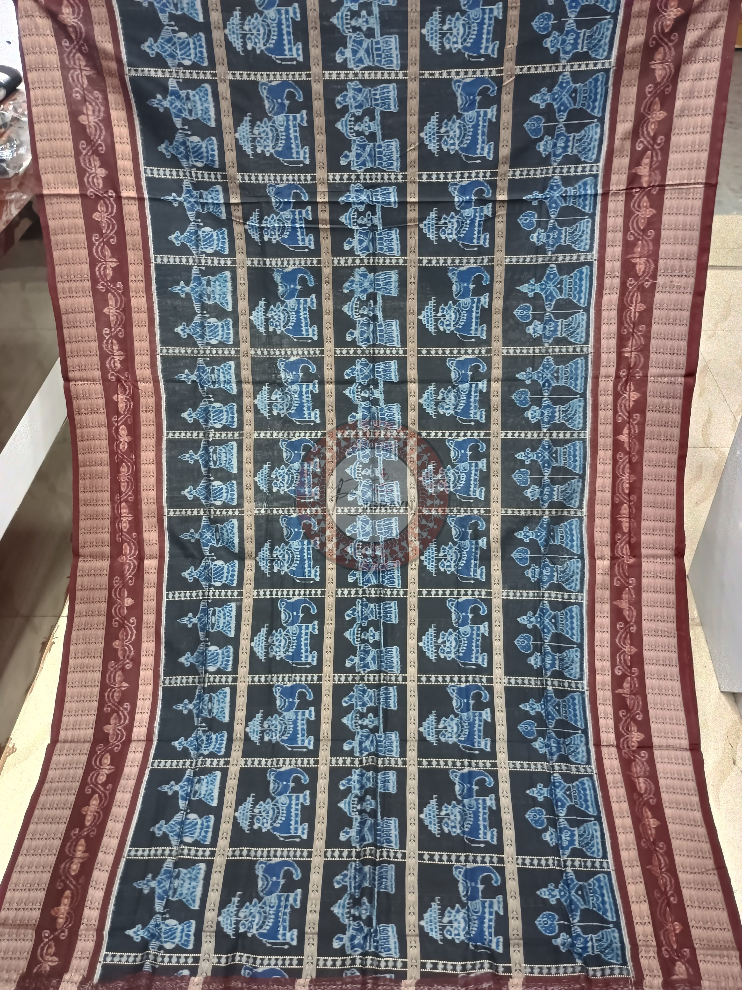 Blue Maroon Elephant Odisha Handloom Sambalpuri Cotton Saree