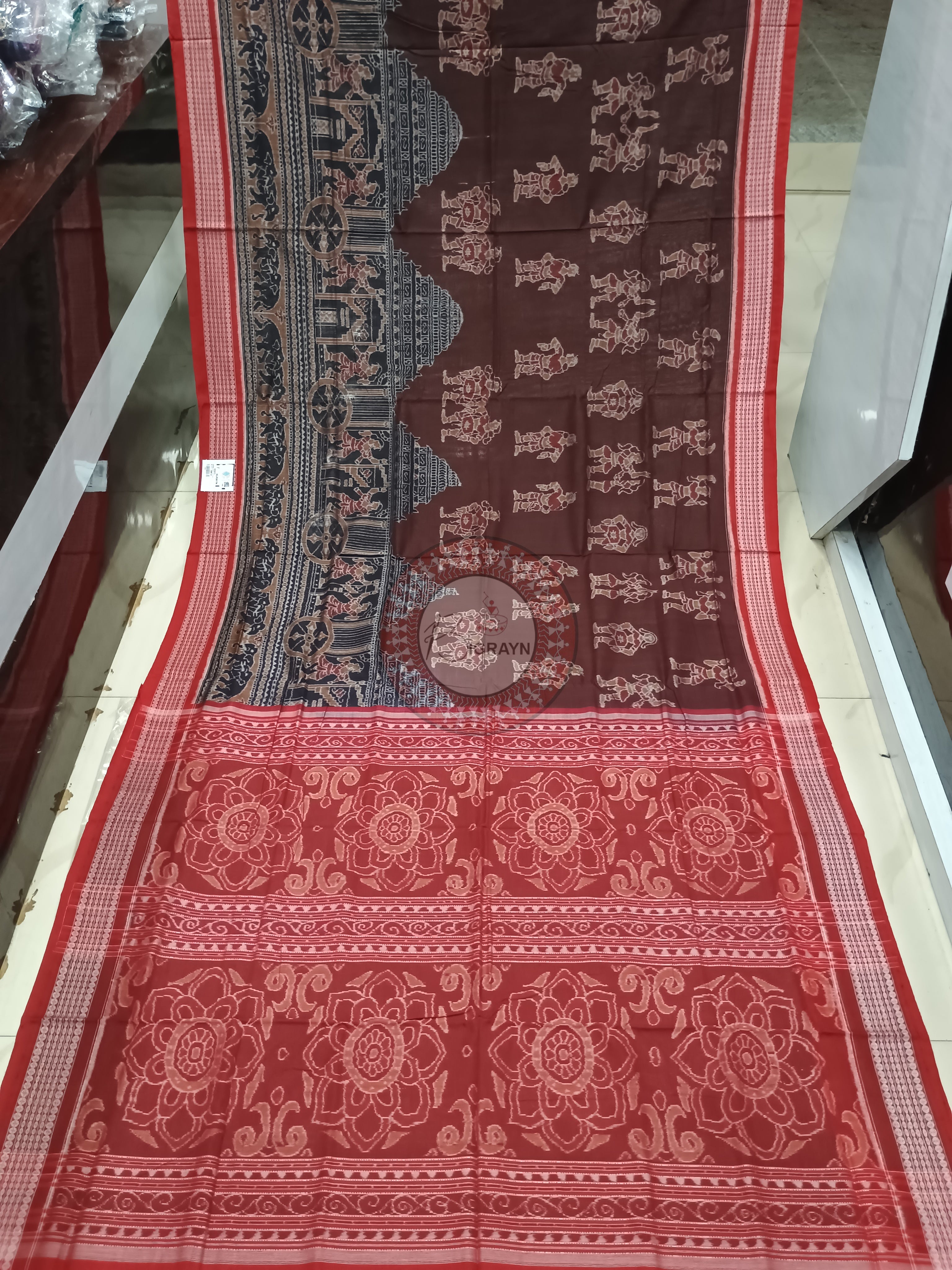 Maroon Red Scot Konark Temple and Dancer Odisha Handloom Sambalpuri Cotton Saree