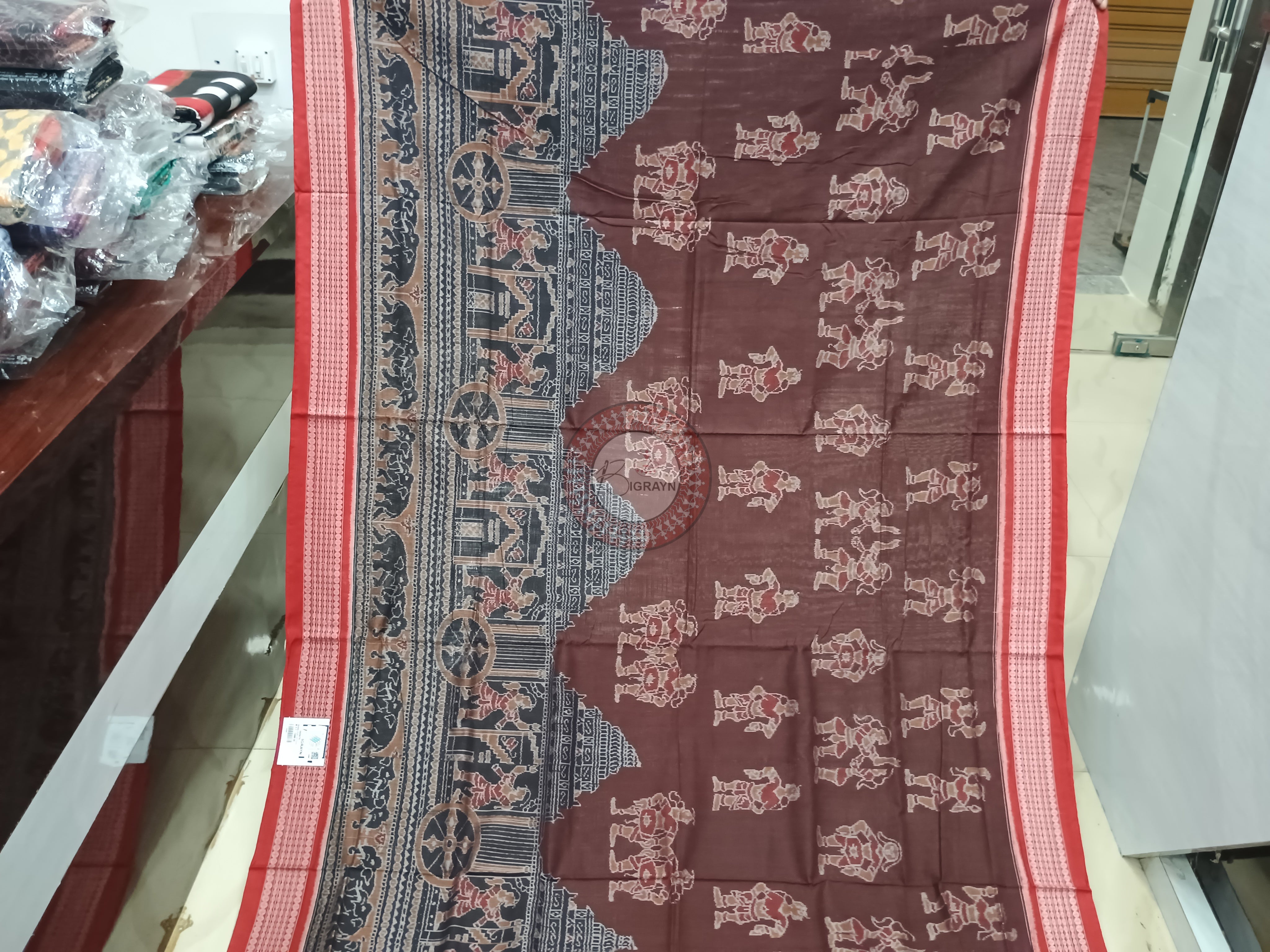 Maroon Red Scot Konark Temple and Dancer Odisha Handloom Sambalpuri Cotton Saree