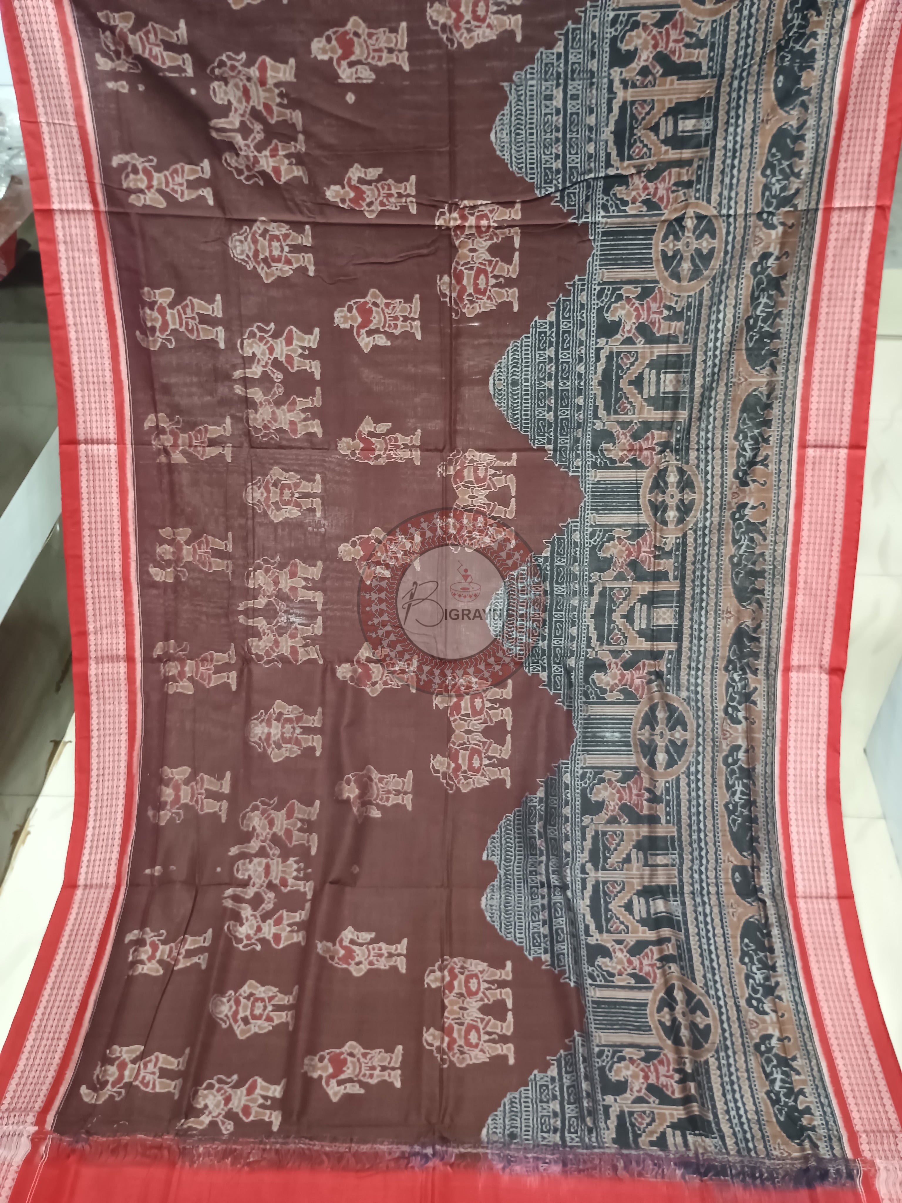 Maroon Red Scot Konark Temple and Dancer Odisha Handloom Sambalpuri Cotton Saree