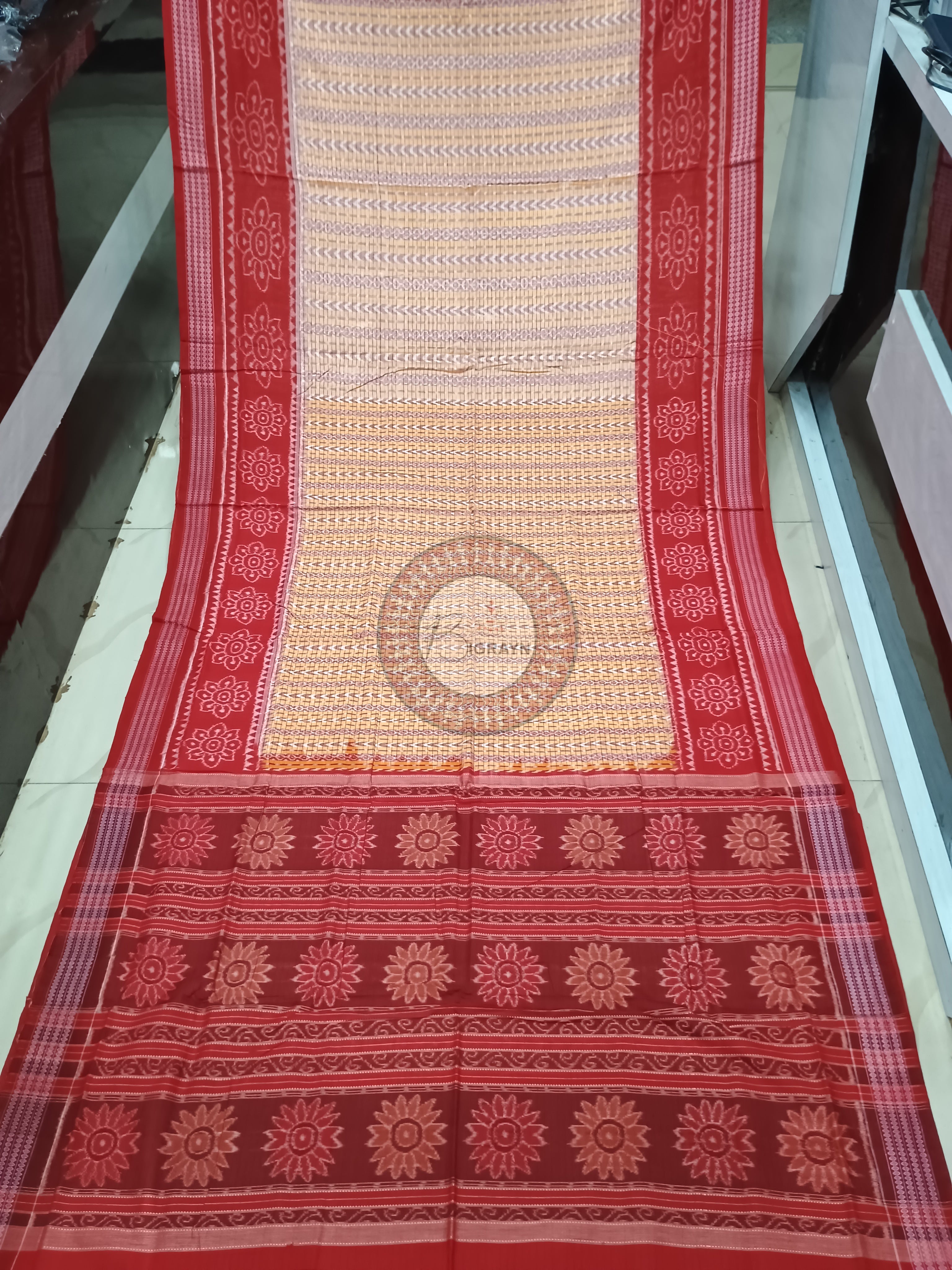 Peach Red Dhan Patri Design Odisha Handloom Sambalpuri Cotton Saree