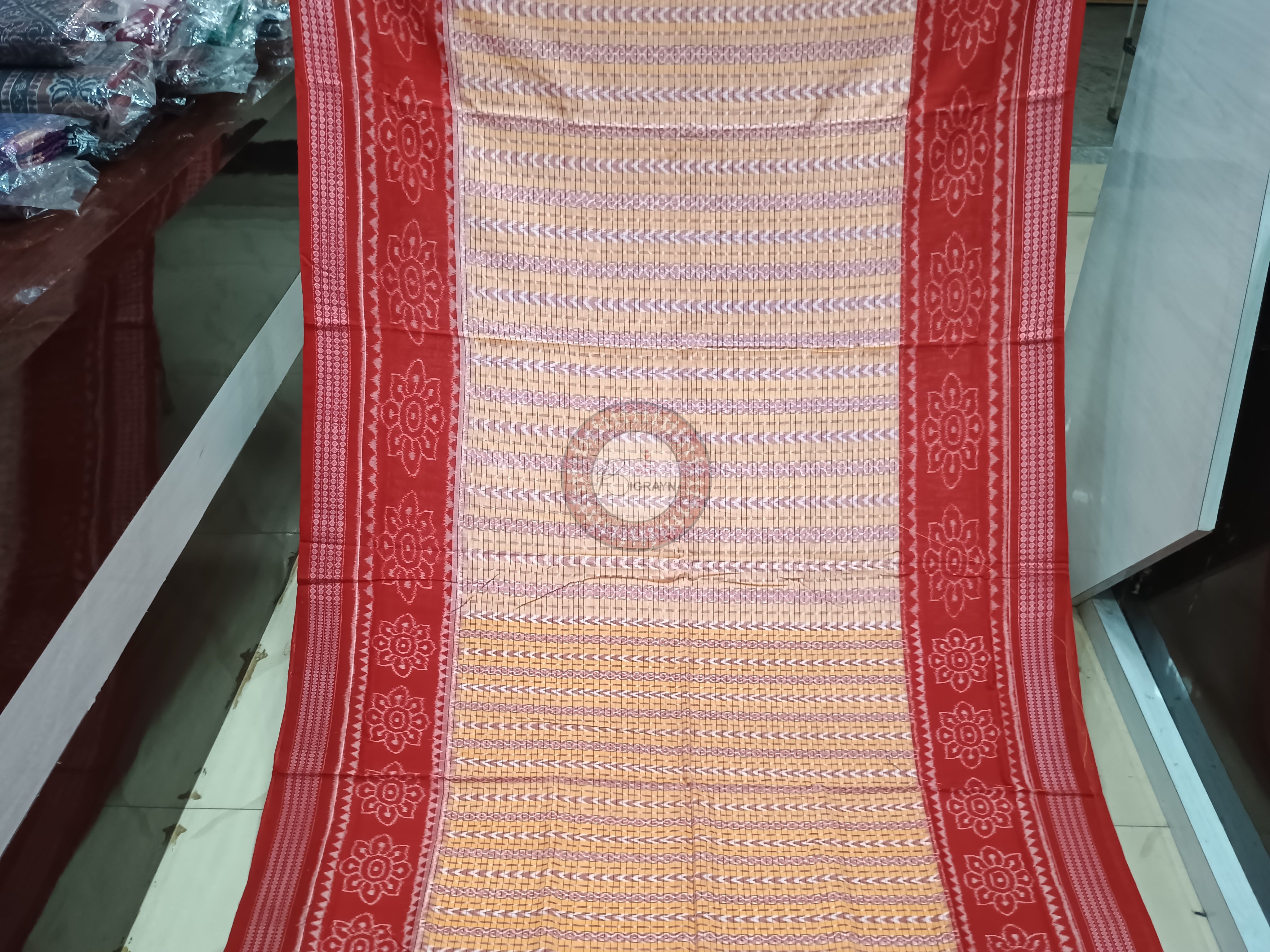 Peach Red Dhan Patri Design Odisha Handloom Sambalpuri Cotton Saree