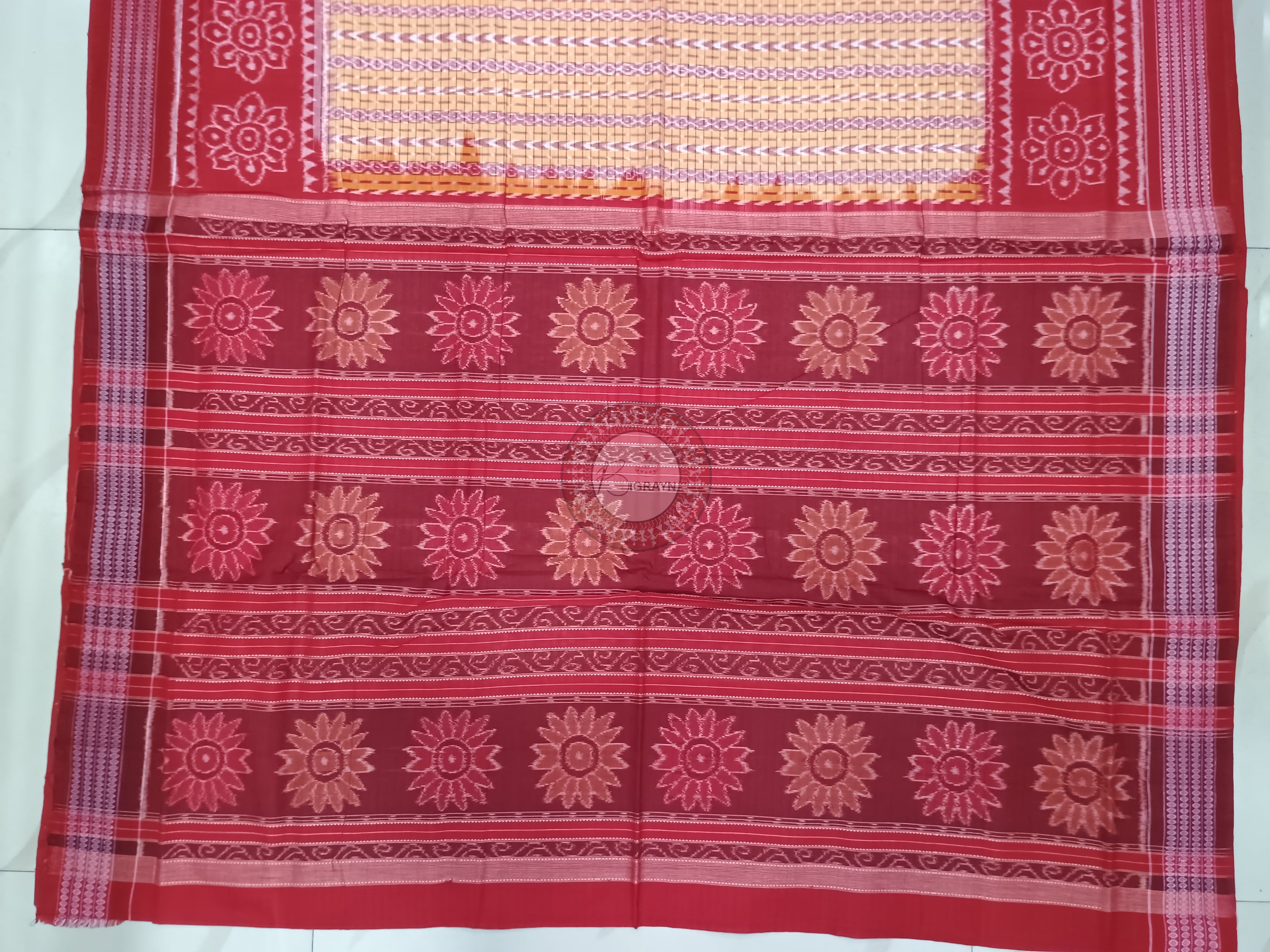 Peach Red Dhan Patri Design Odisha Handloom Sambalpuri Cotton Saree