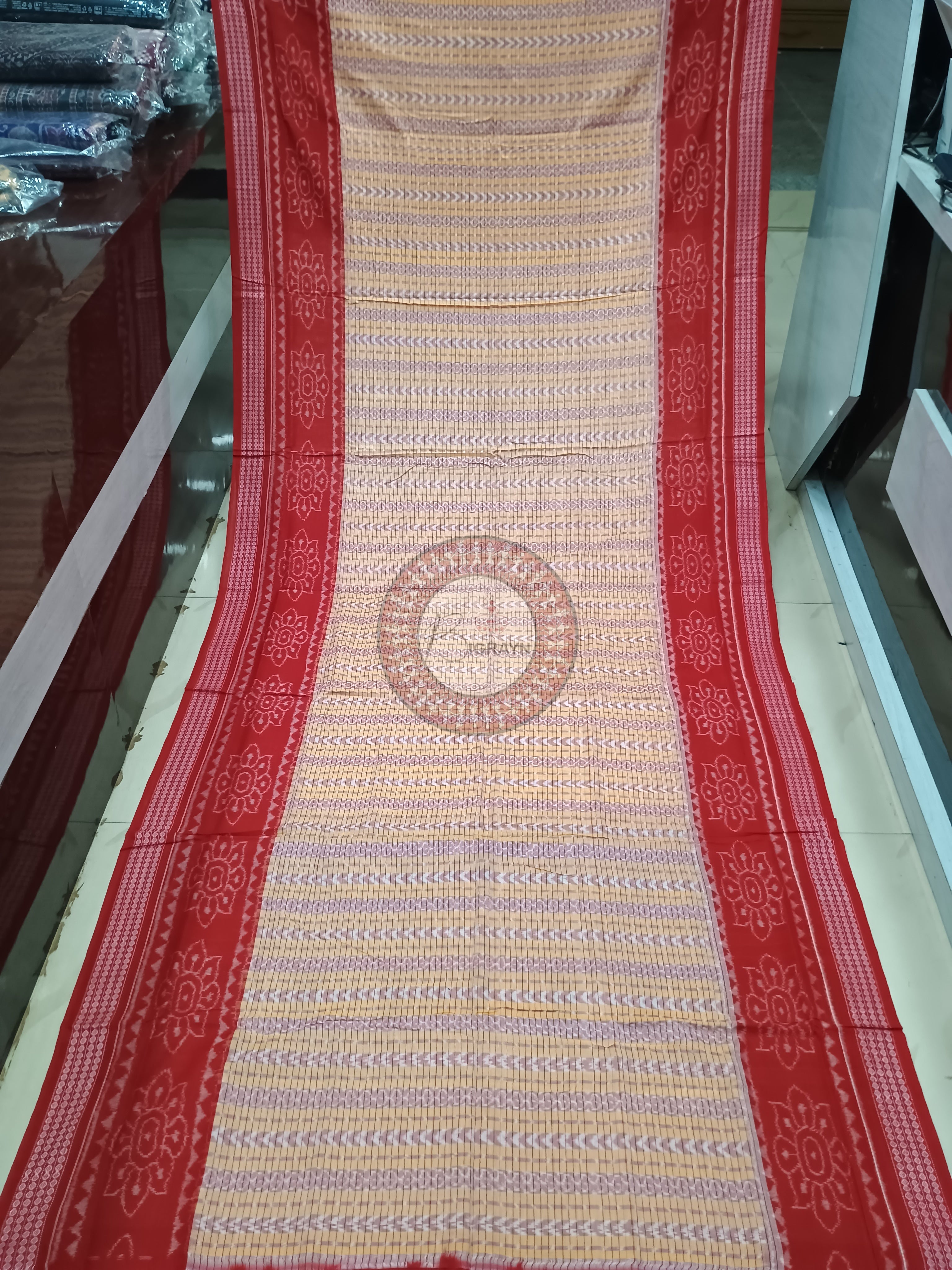 Peach Red Dhan Patri Design Odisha Handloom Sambalpuri Cotton Saree