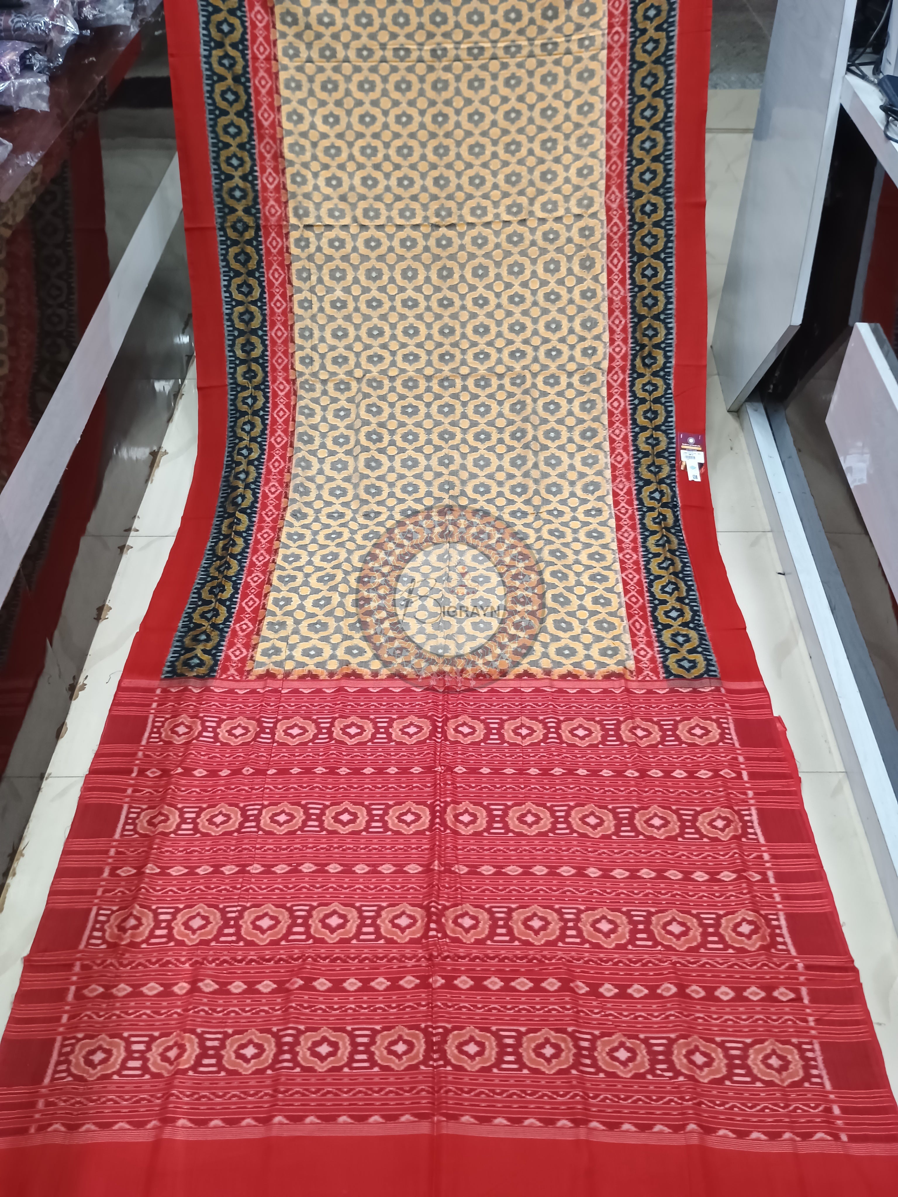 Peach Red Flower Design Odisha Handloom Sambalpuri Cotton Saree