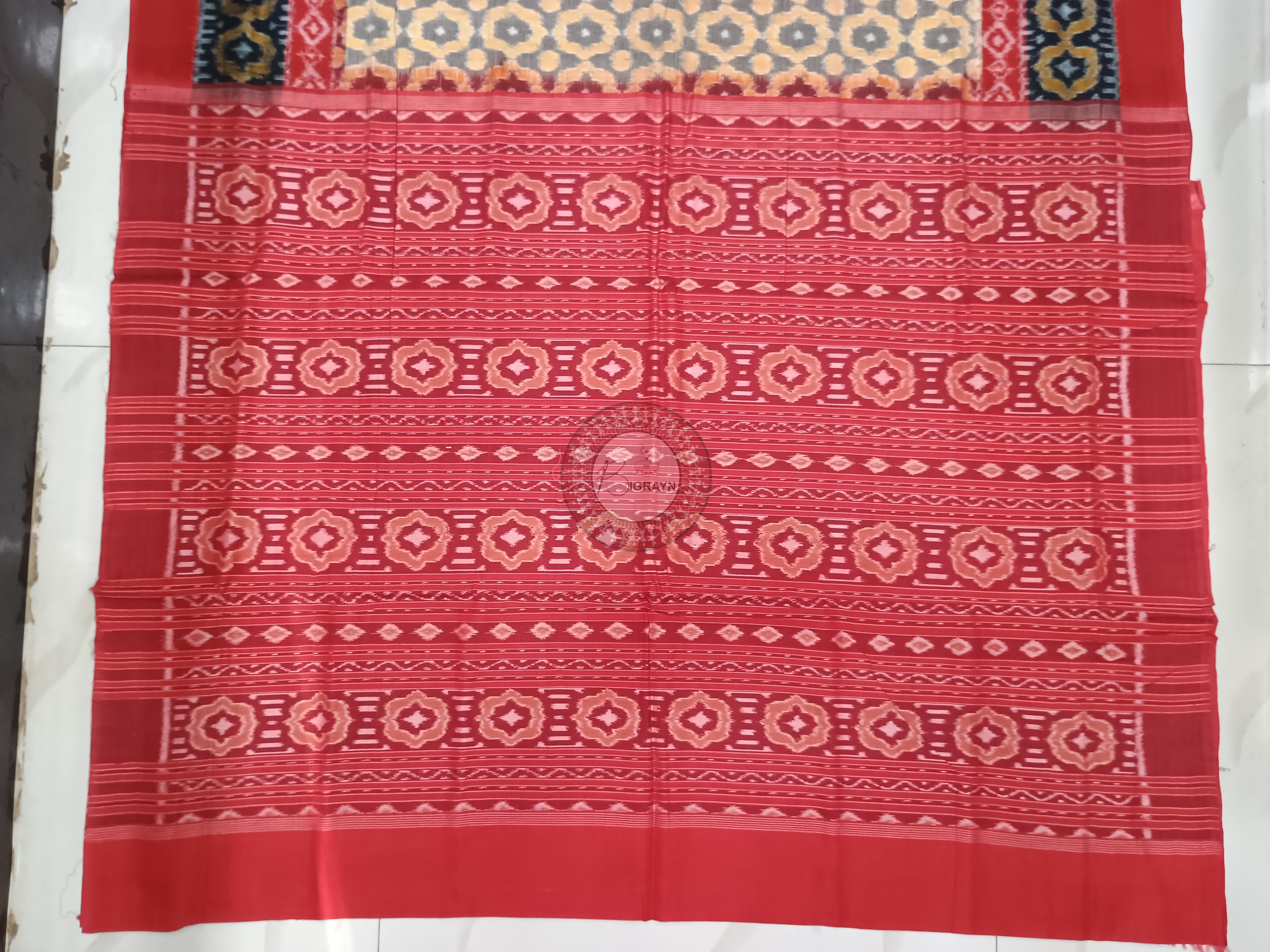 Peach Red Flower Design Odisha Handloom Sambalpuri Cotton Saree