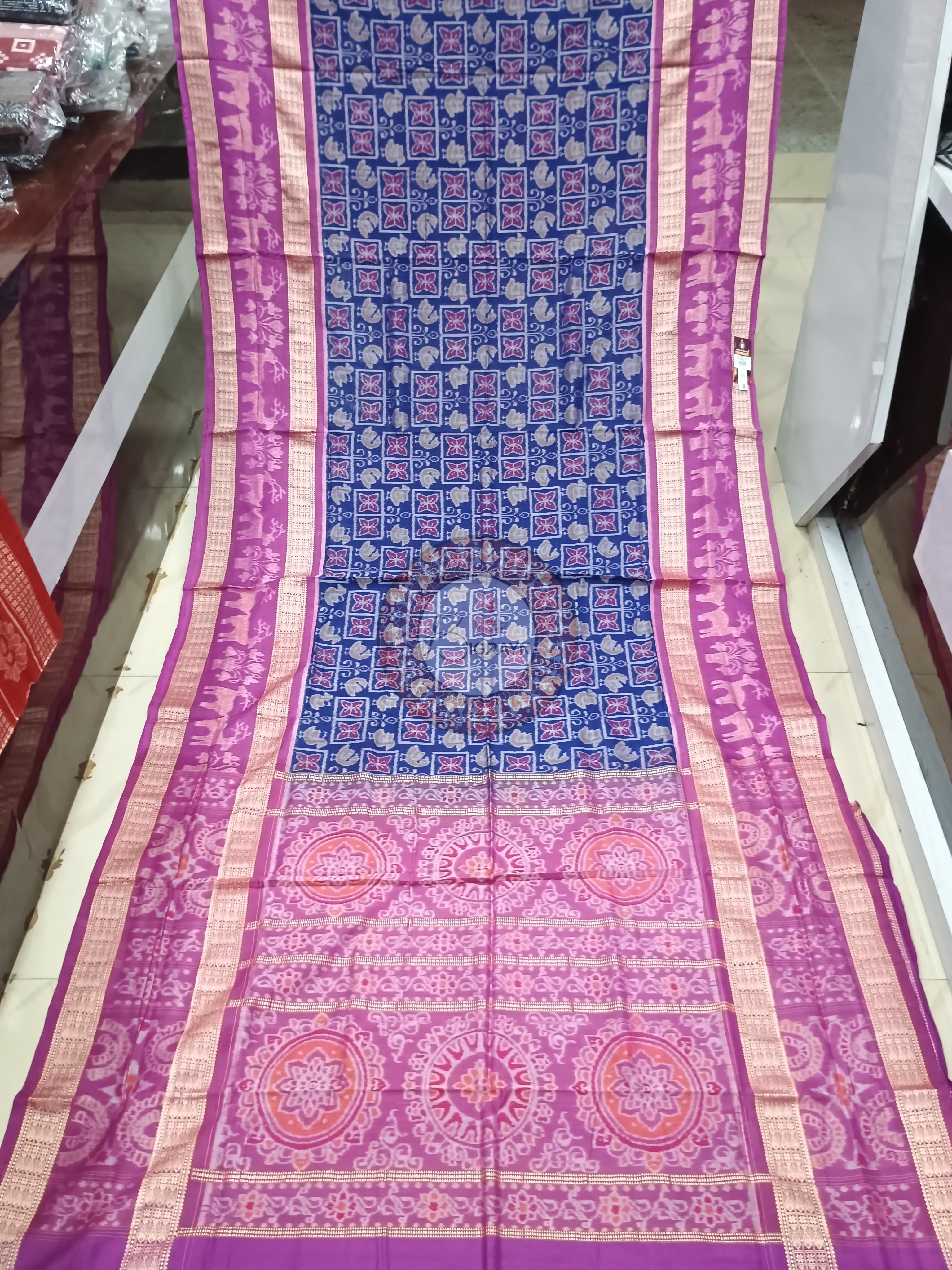 Blue Purple Scot Deer design Odisha Handloom Sambalpuri Cotton Saree
