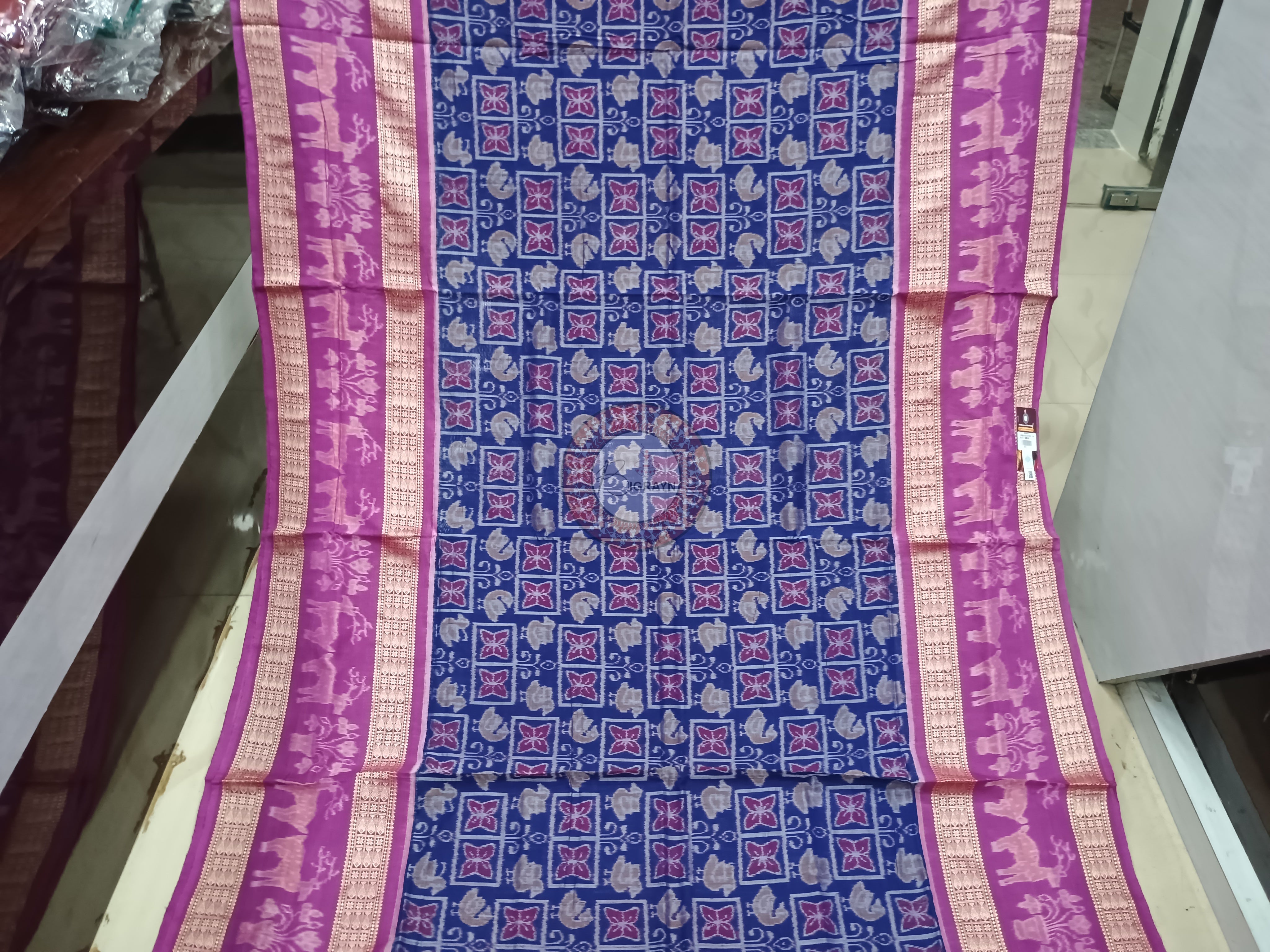 Blue Purple Scot Deer design Odisha Handloom Sambalpuri Cotton Saree