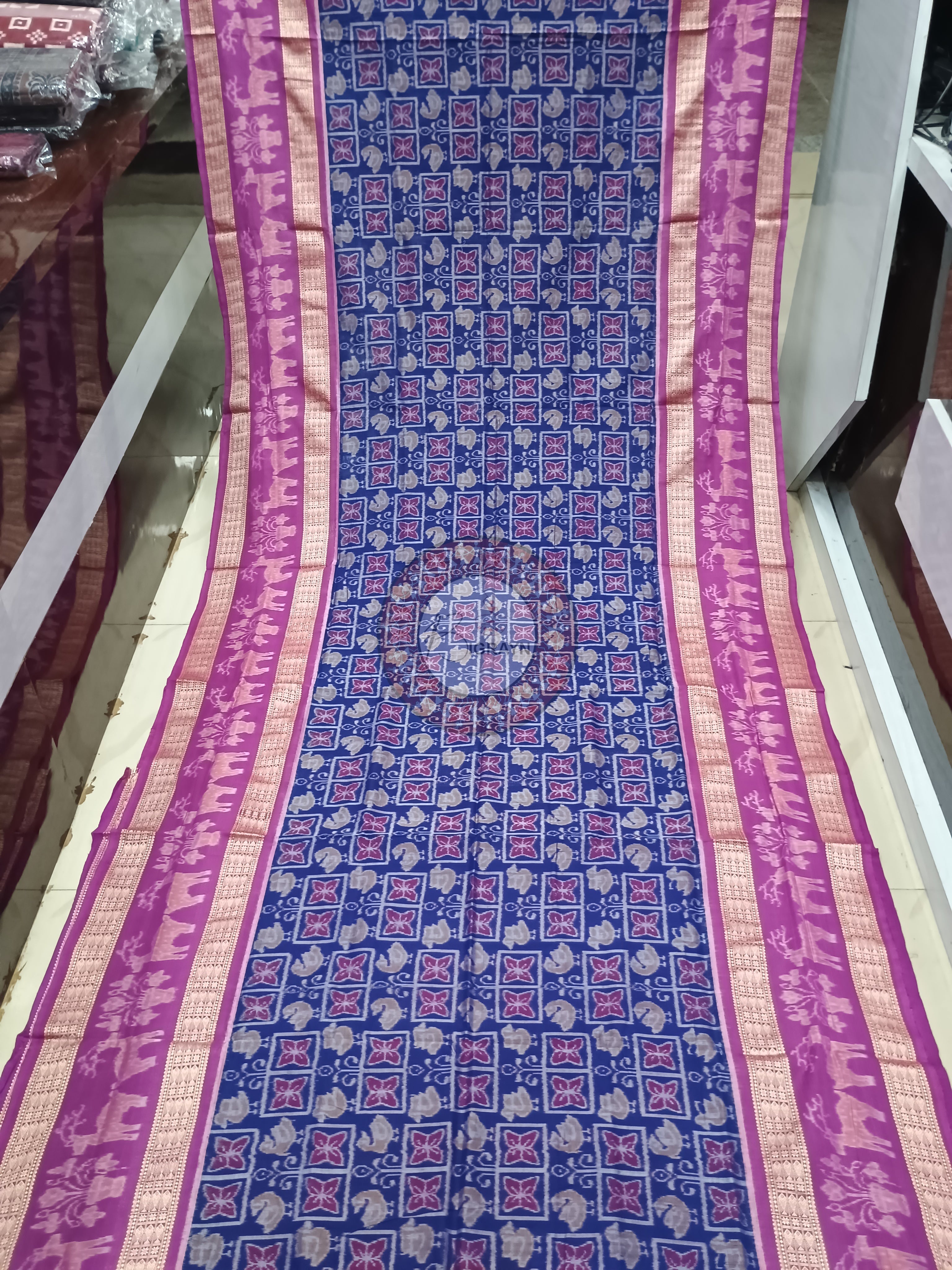 Blue Purple Scot Deer design Odisha Handloom Sambalpuri Cotton Saree