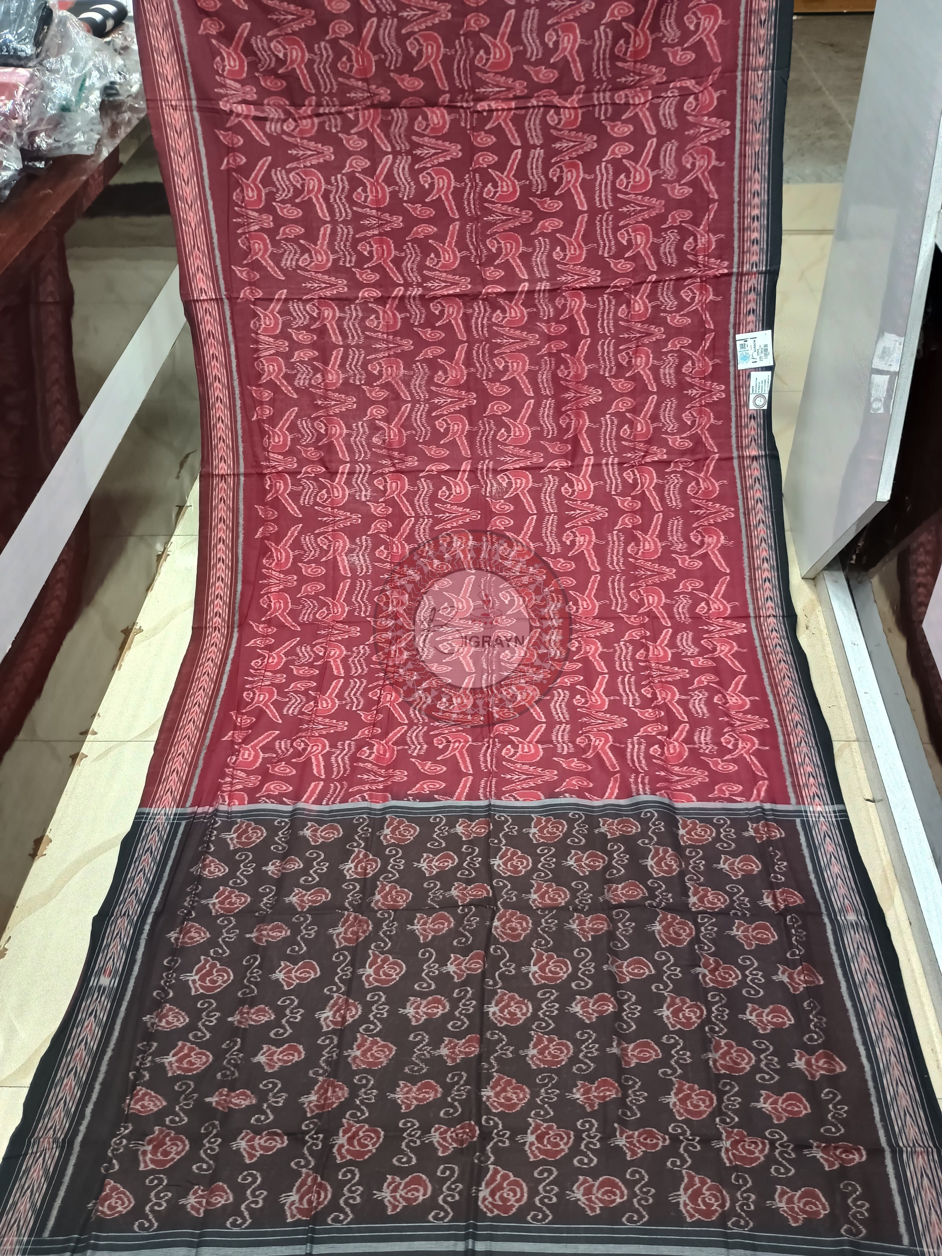 Maroon Black Birds Design Odisha Handloom Sambalpuri Cotton Saree