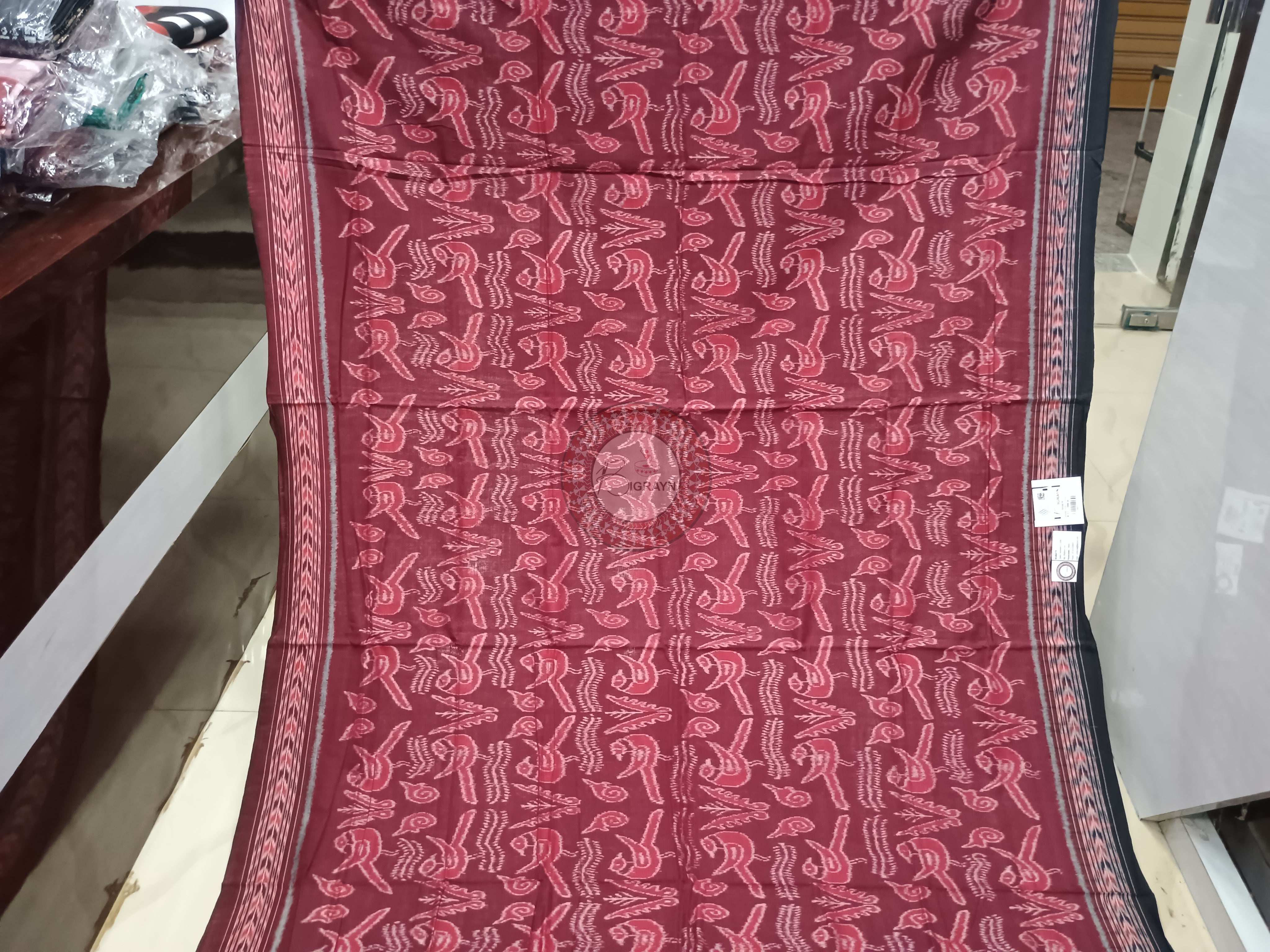 Maroon Black Birds Design Odisha Handloom Sambalpuri Cotton Saree