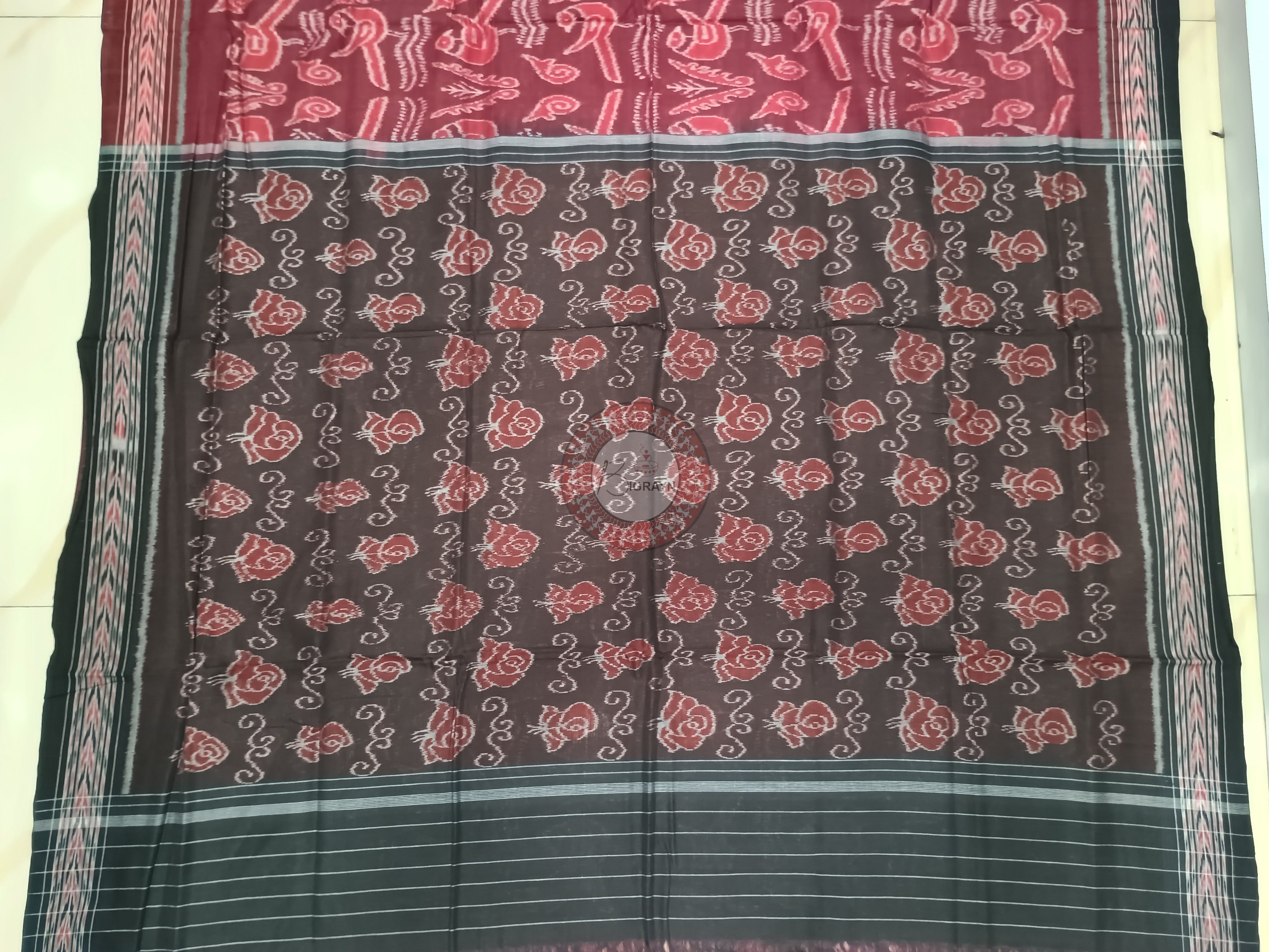 Maroon Black Birds Design Odisha Handloom Sambalpuri Cotton Saree