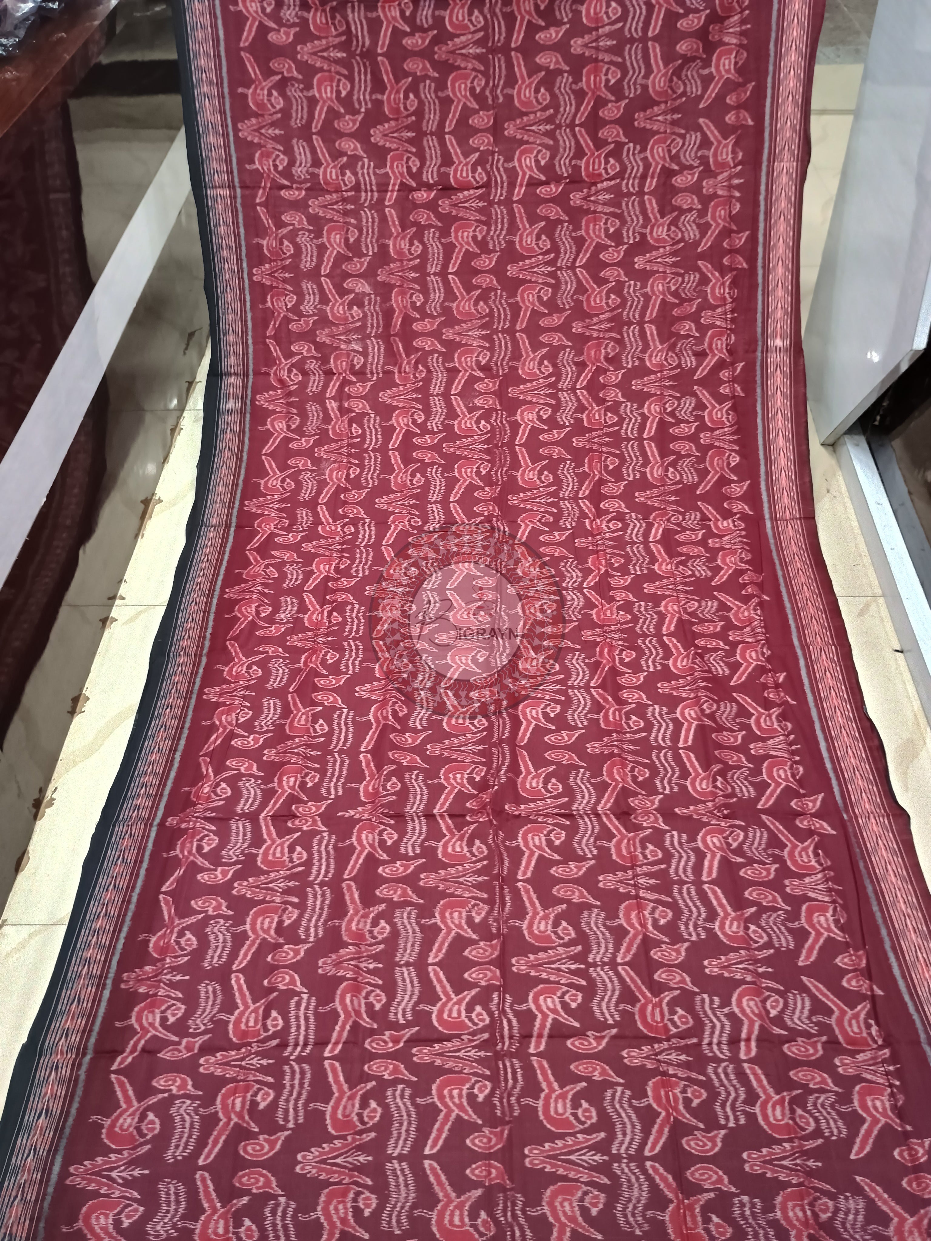 Maroon Black Birds Design Odisha Handloom Sambalpuri Cotton Saree