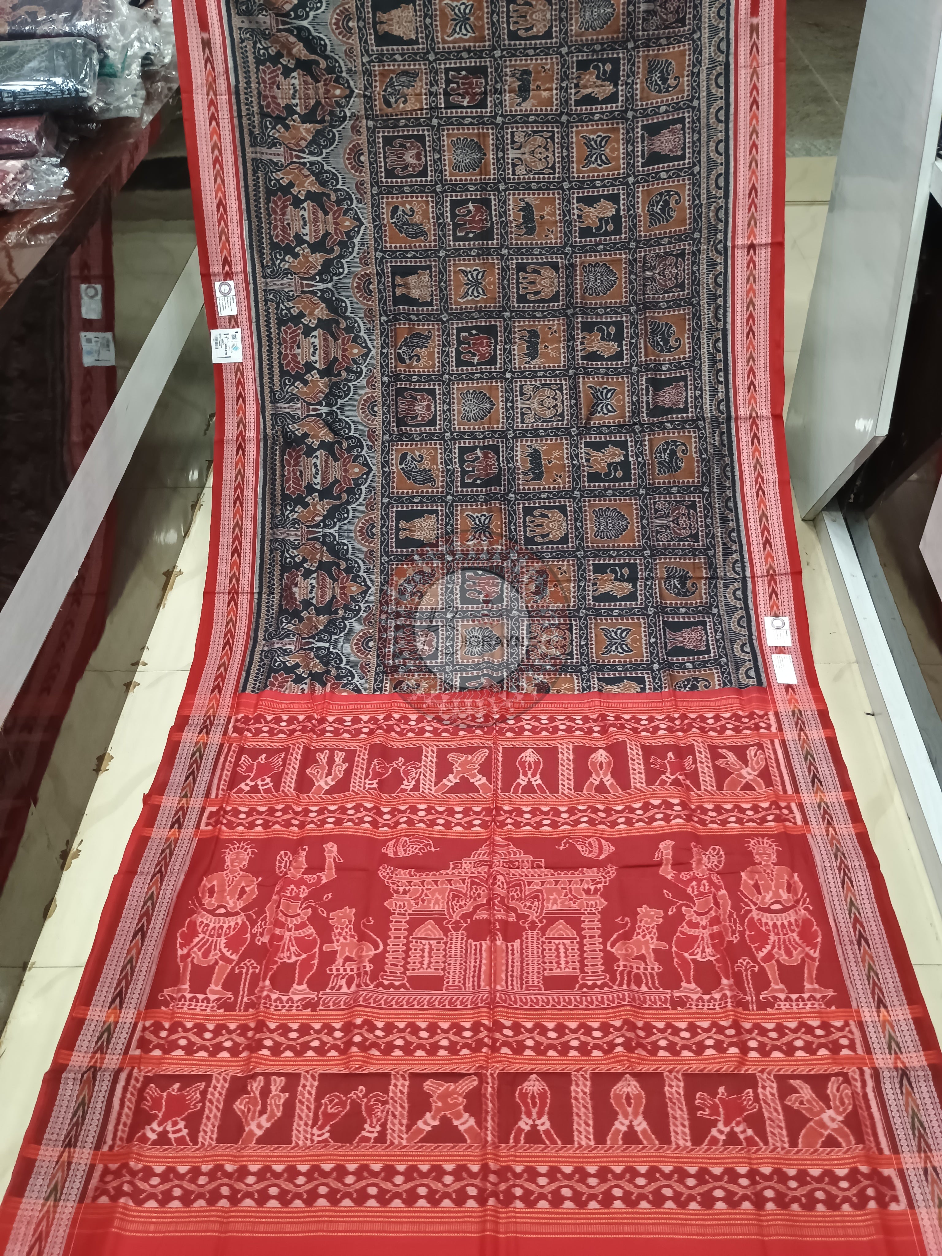 Black Red Scot Elephant And Kalashi Design Odisha Handloom Sambalpuri Cotton Saree