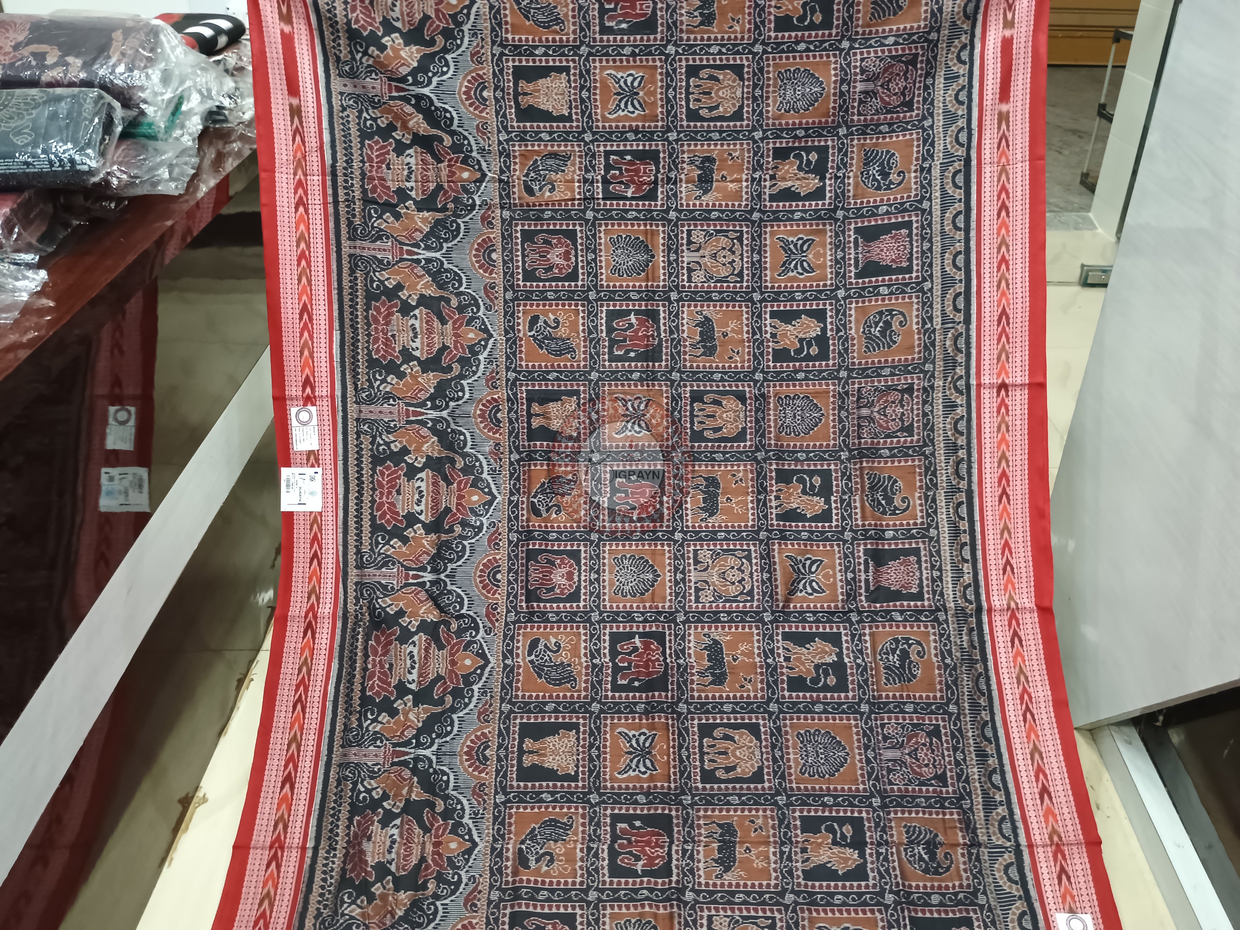 Black Red Scot Elephant And Kalashi Design Odisha Handloom Sambalpuri Cotton Saree