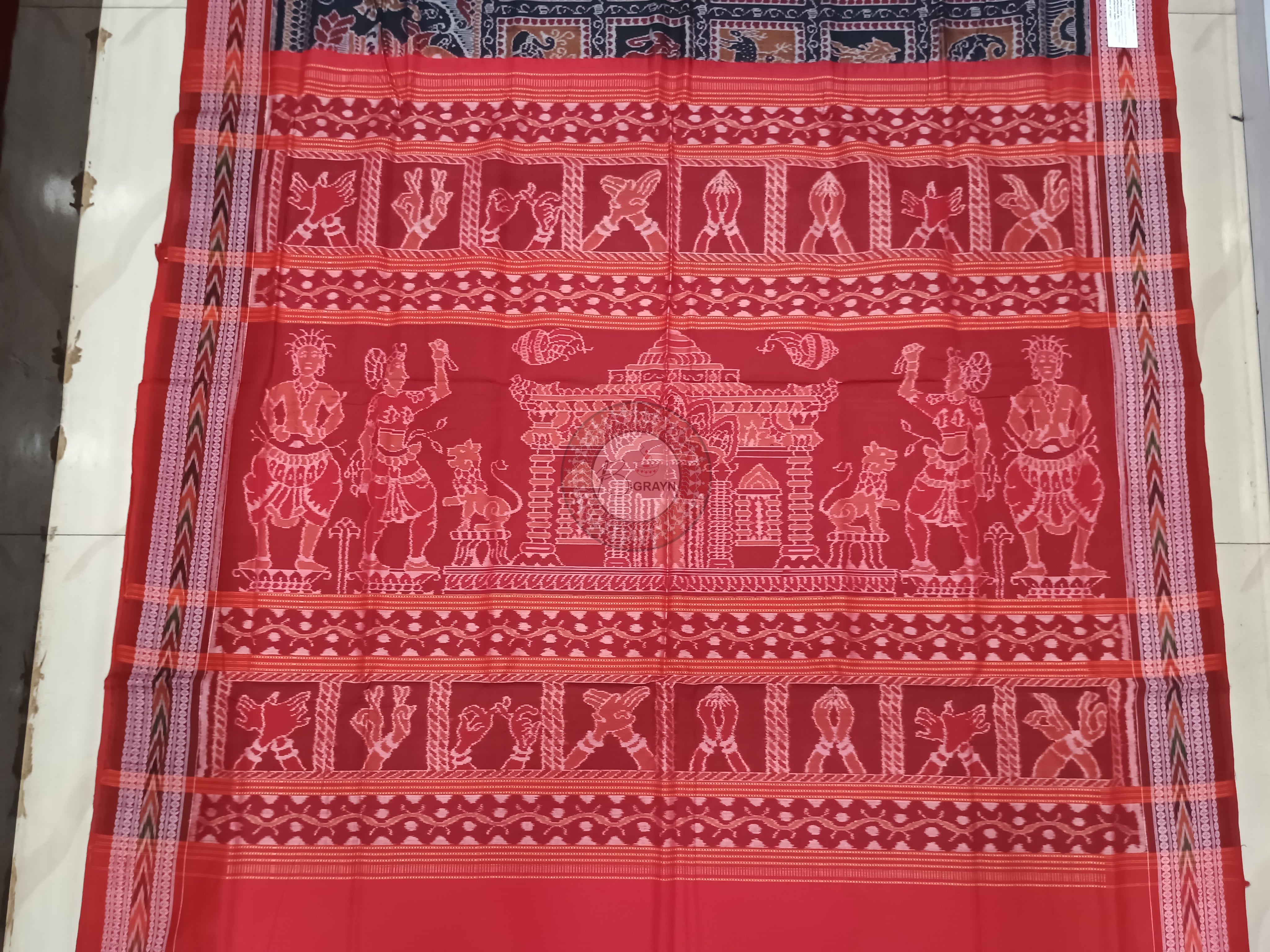 Black Red Scot Elephant And Kalashi Design Odisha Handloom Sambalpuri Cotton Saree