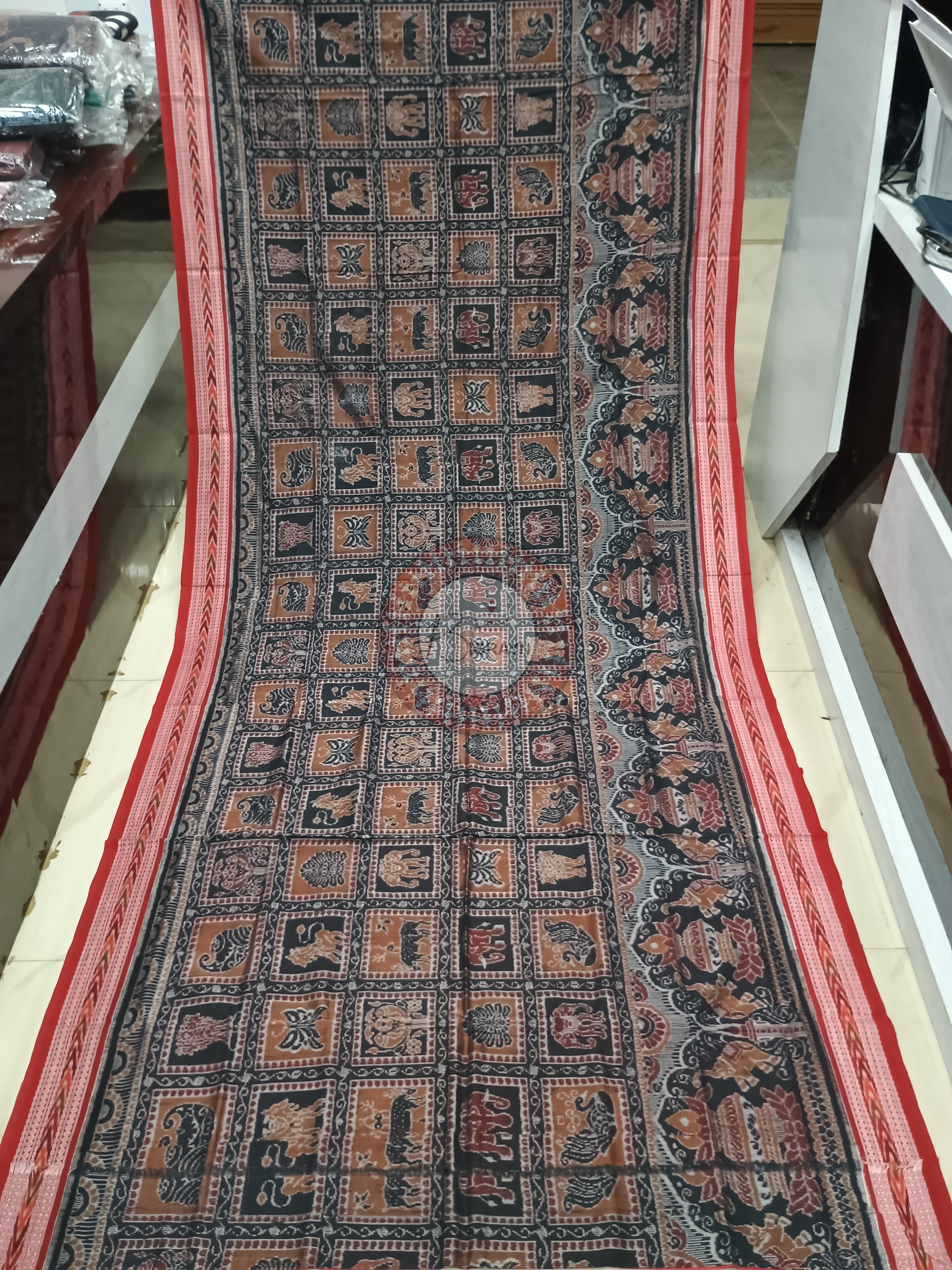 Black Red Scot Elephant And Kalashi Design Odisha Handloom Sambalpuri Cotton Saree