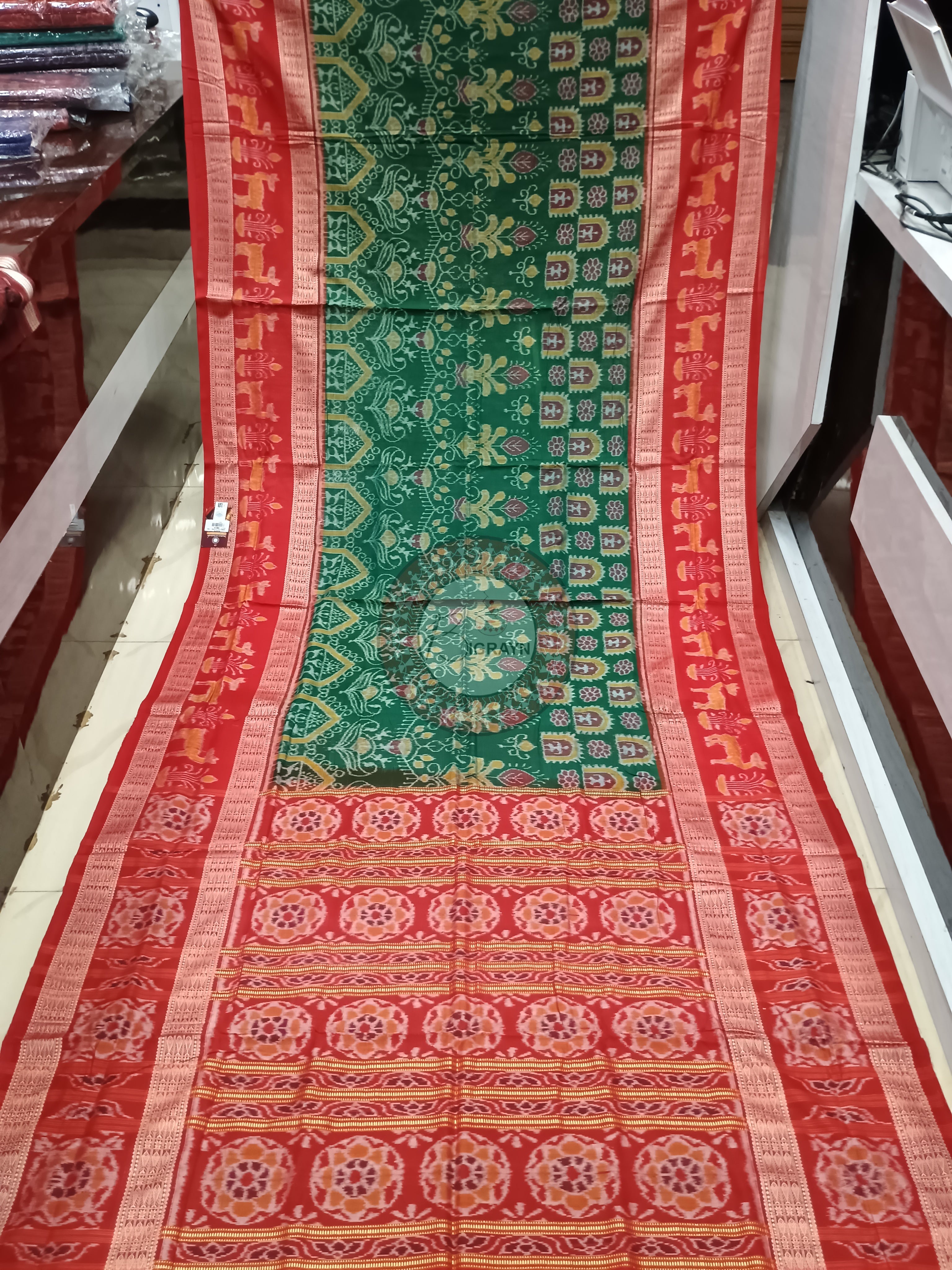 Green Red Tribal design Odisha Handloom Sambalpuri Cotton Saree