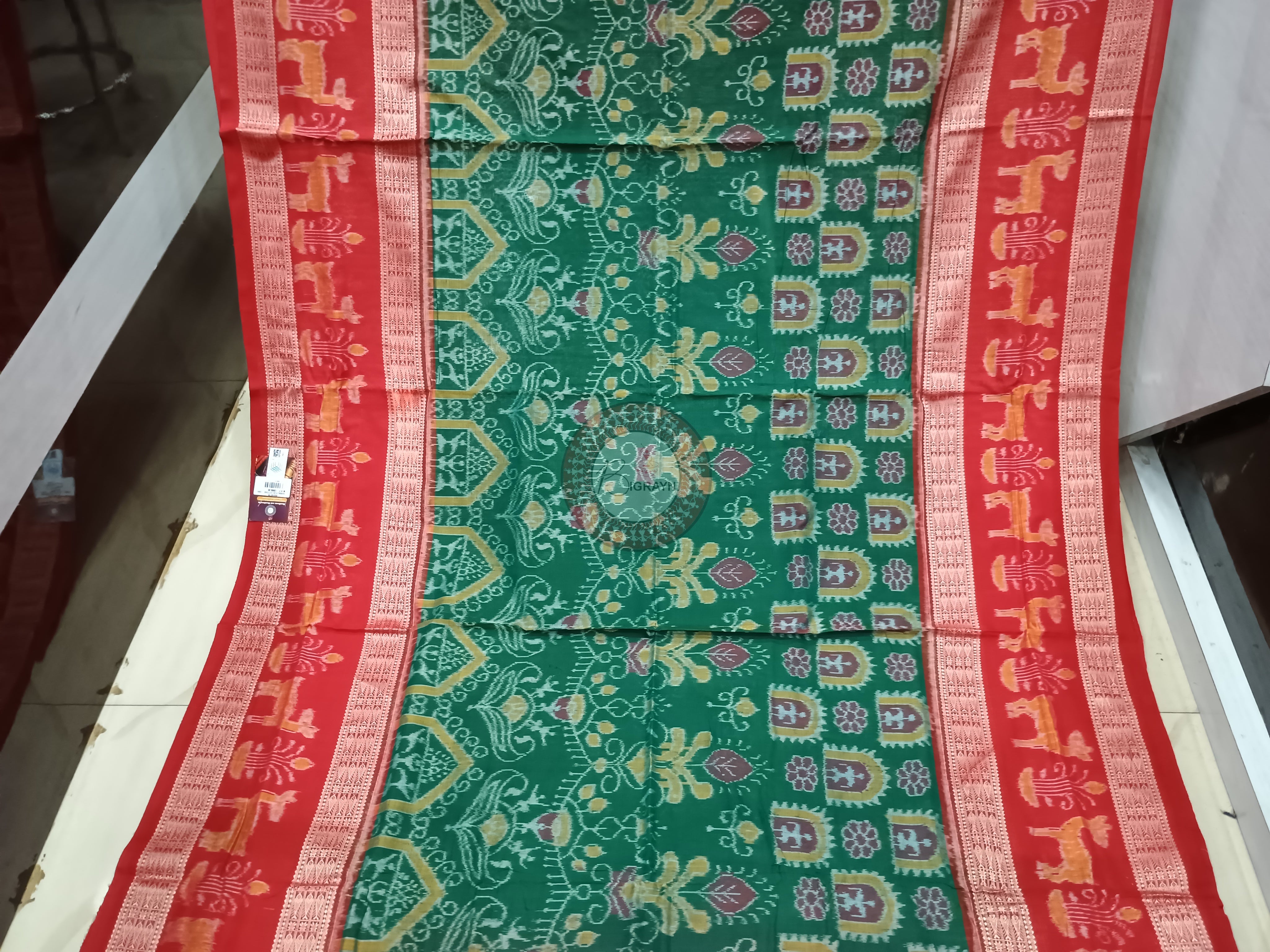Green Red Tribal design Odisha Handloom Sambalpuri Cotton Saree