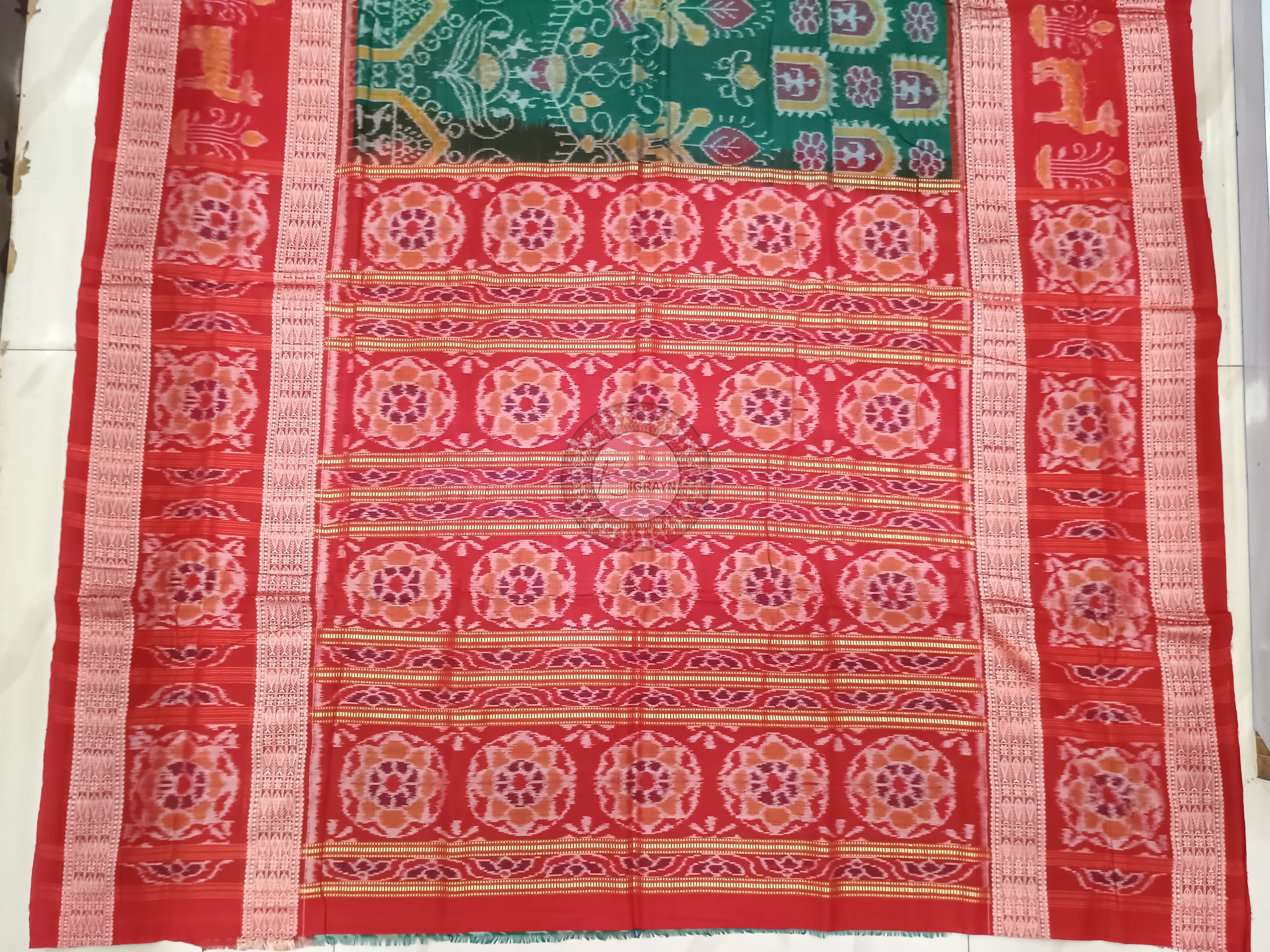 Green Red Tribal design Odisha Handloom Sambalpuri Cotton Saree