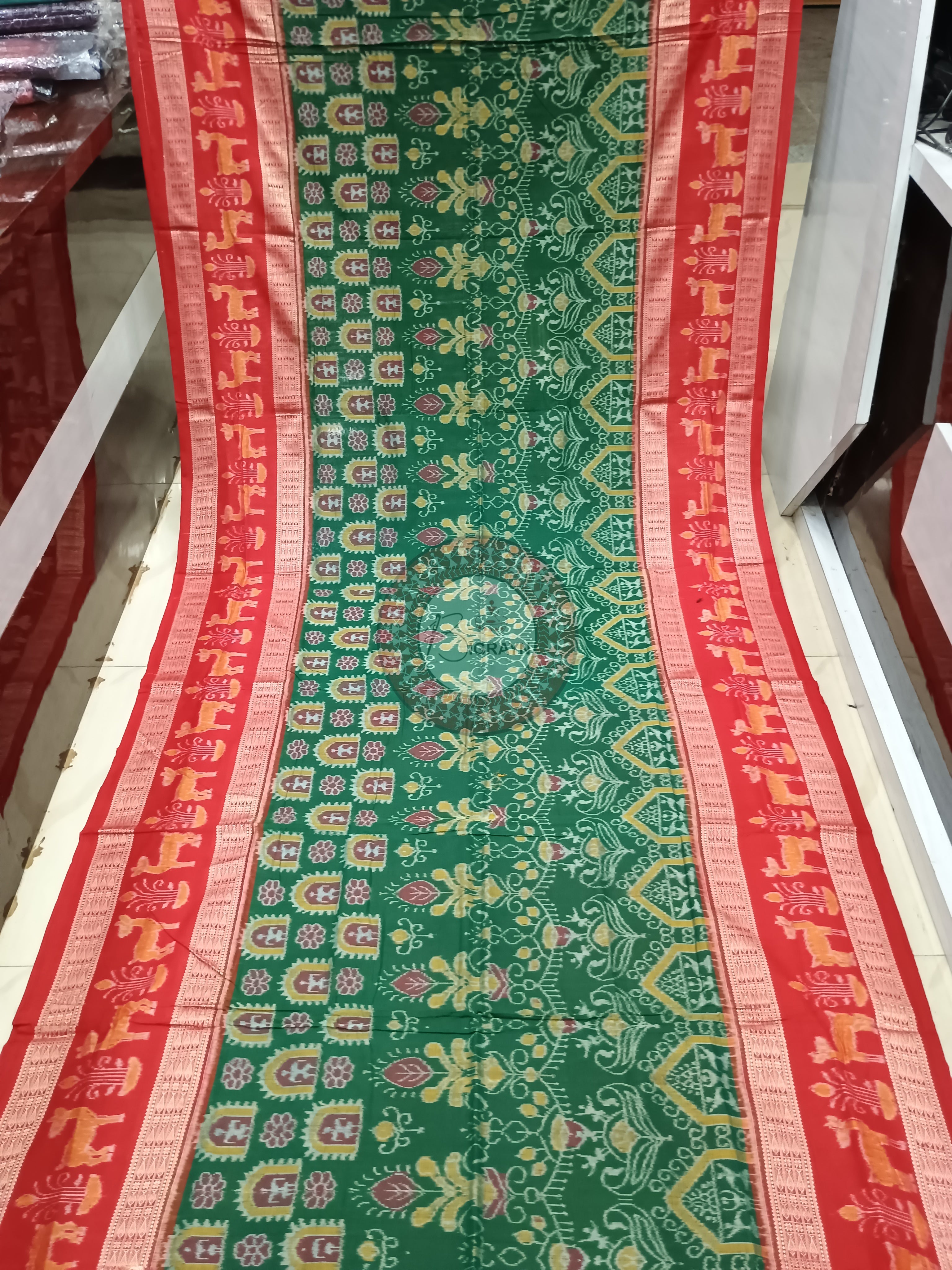 Green Red Tribal design Odisha Handloom Sambalpuri Cotton Saree