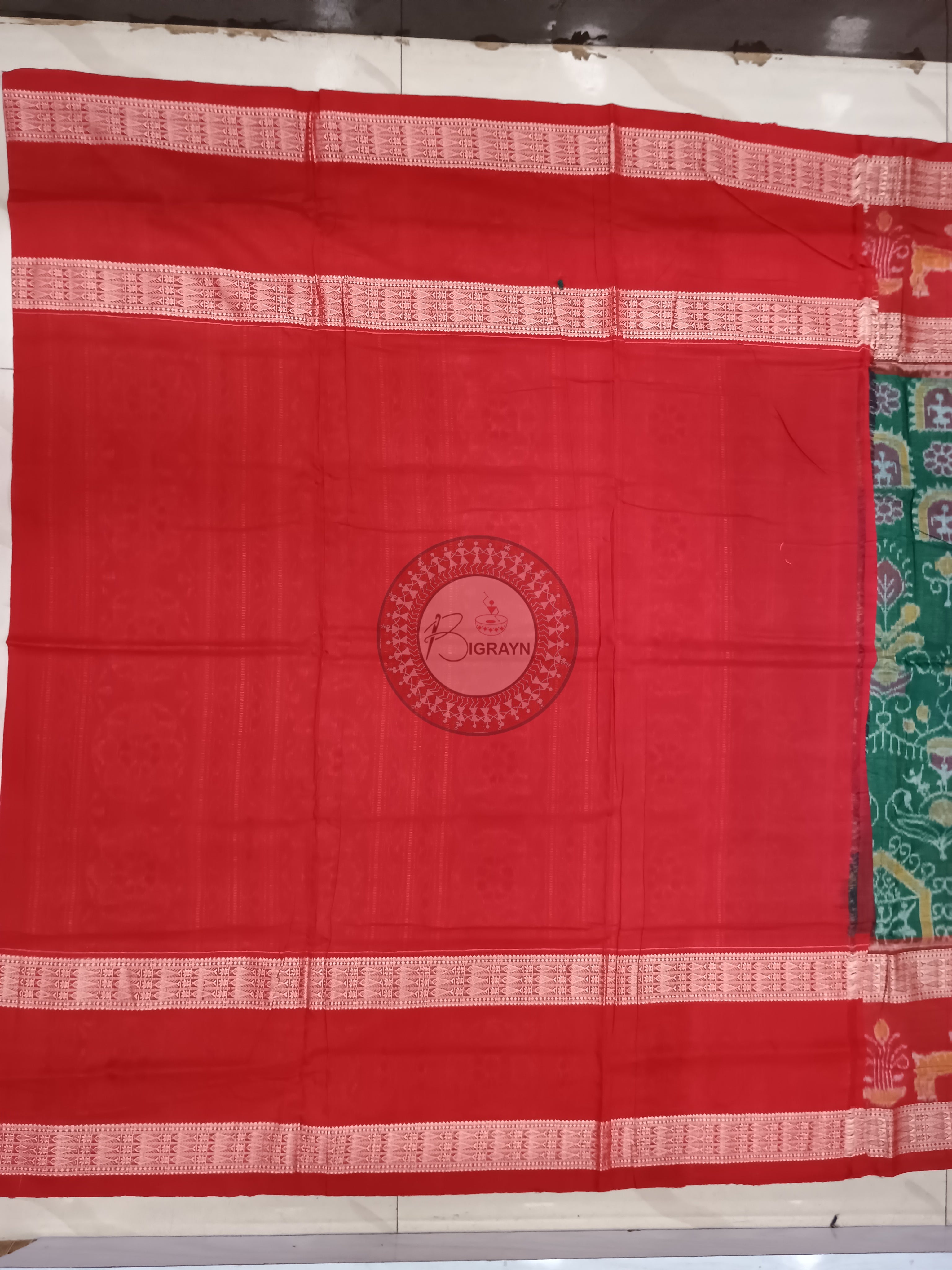 Green Red Tribal design Odisha Handloom Sambalpuri Cotton Saree