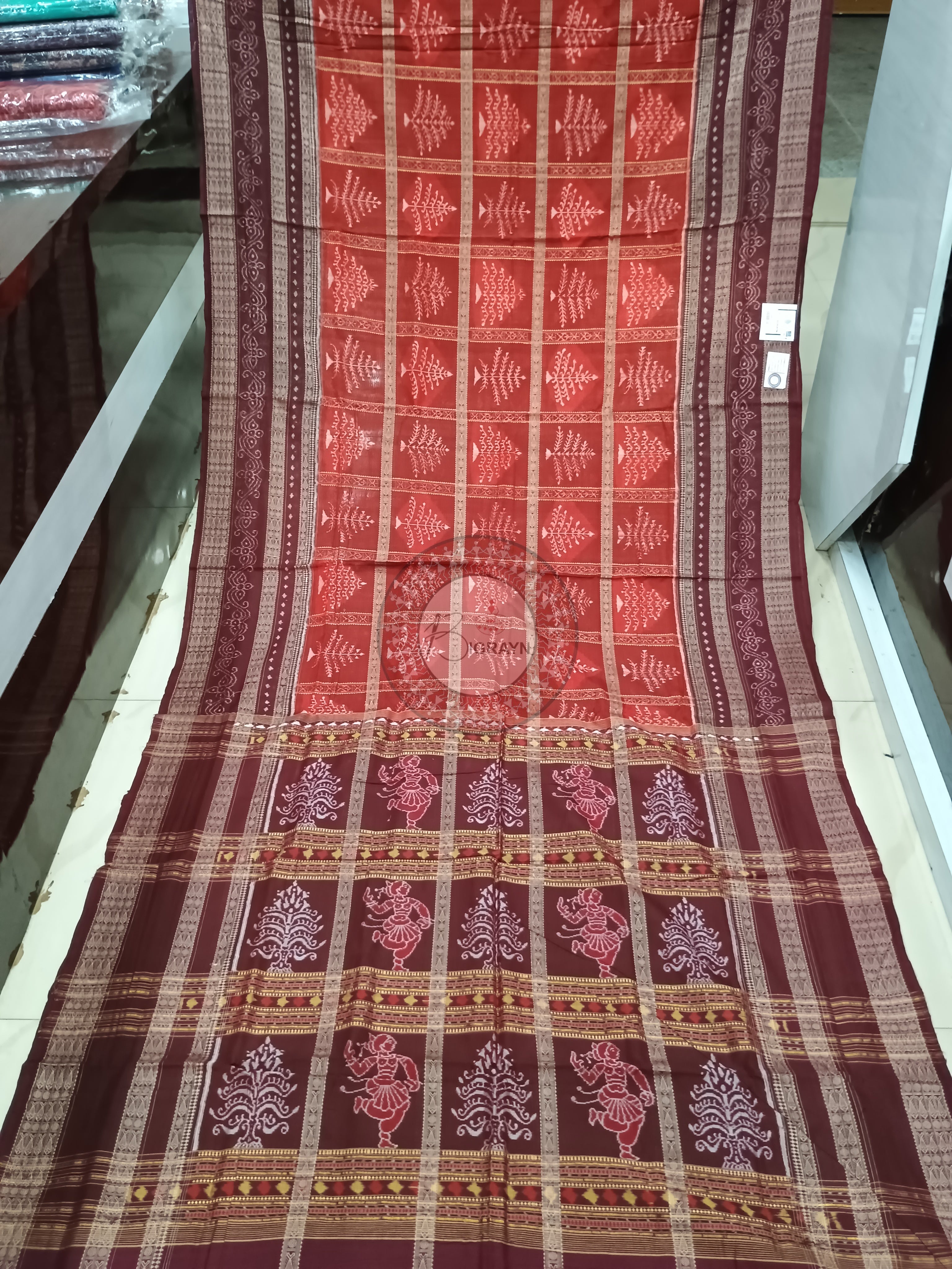 Orange Maroon Tree Design Odisha Handloom Sambalpuri Cotton Saree