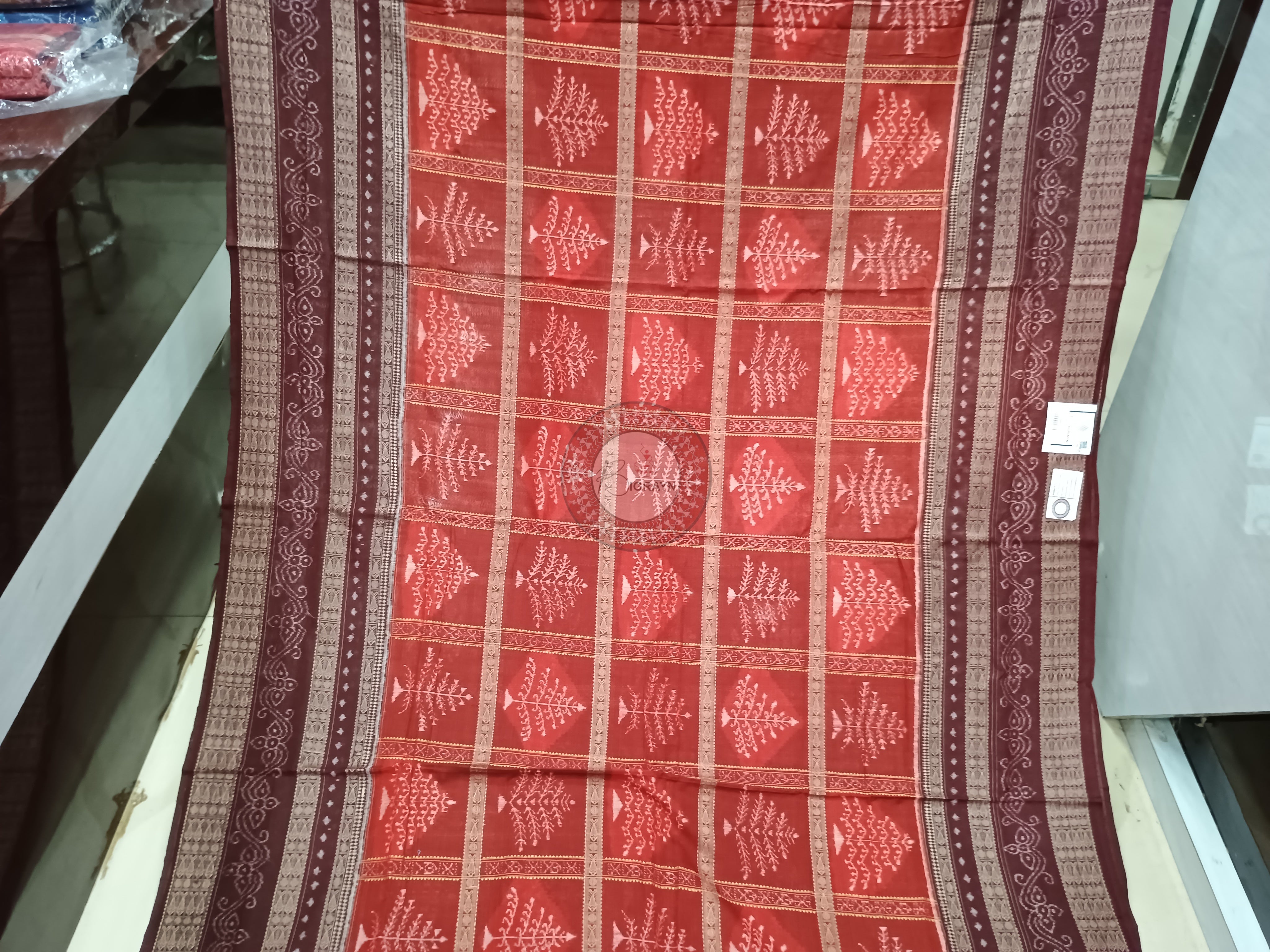 Orange Maroon Tree Design Odisha Handloom Sambalpuri Cotton Saree
