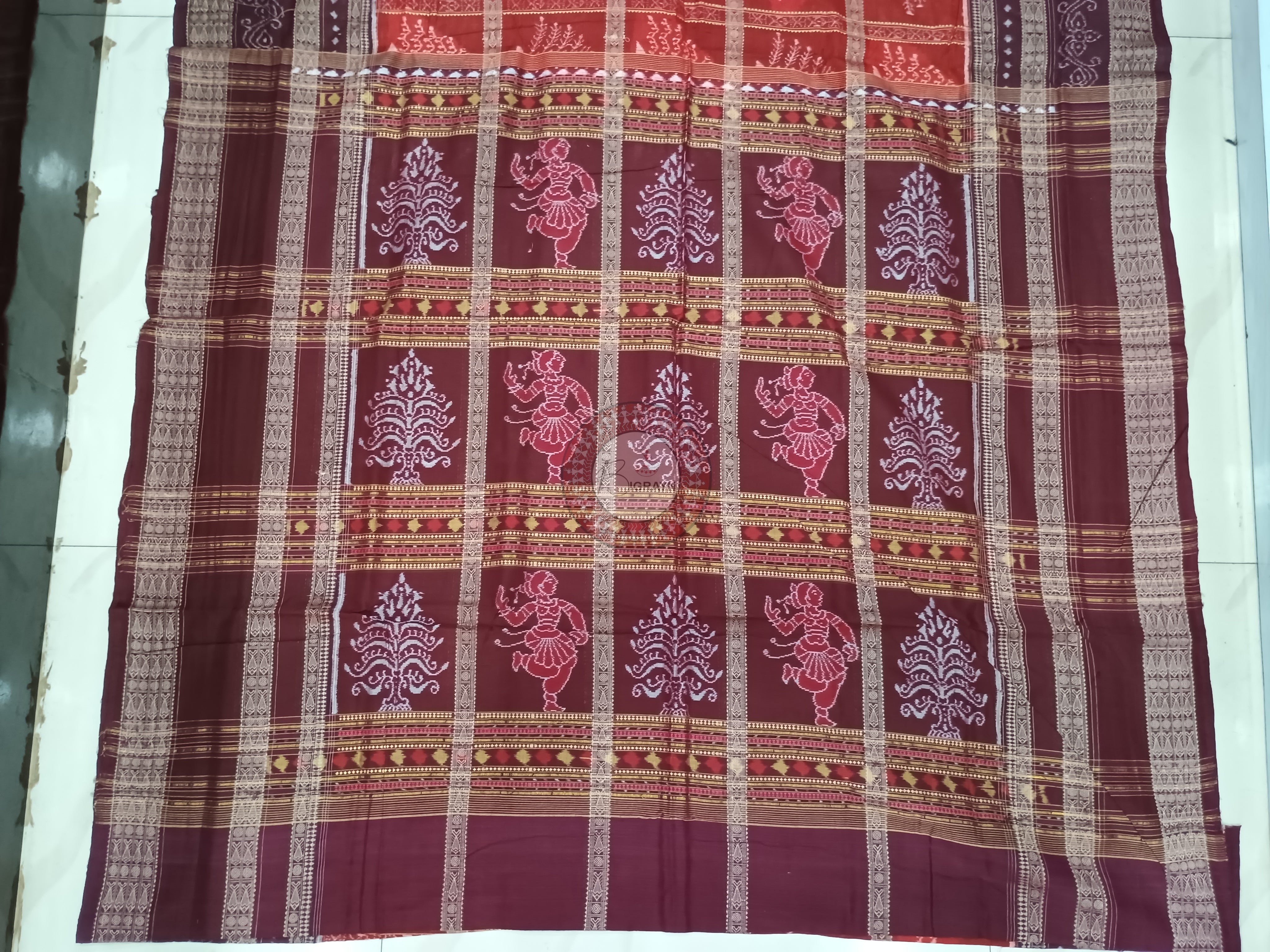 Orange Maroon Tree Design Odisha Handloom Sambalpuri Cotton Saree