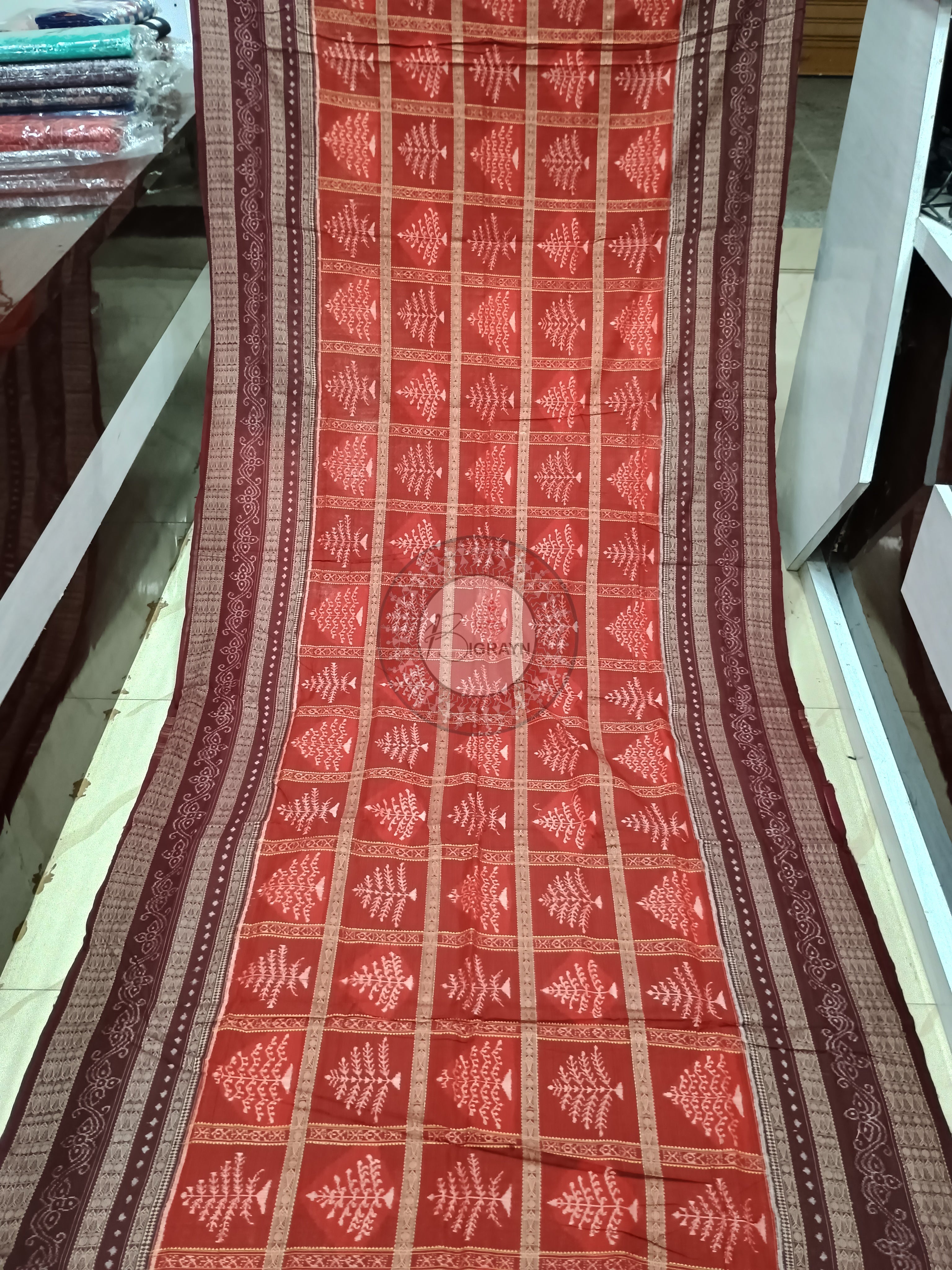 Orange Maroon Tree Design Odisha Handloom Sambalpuri Cotton Saree