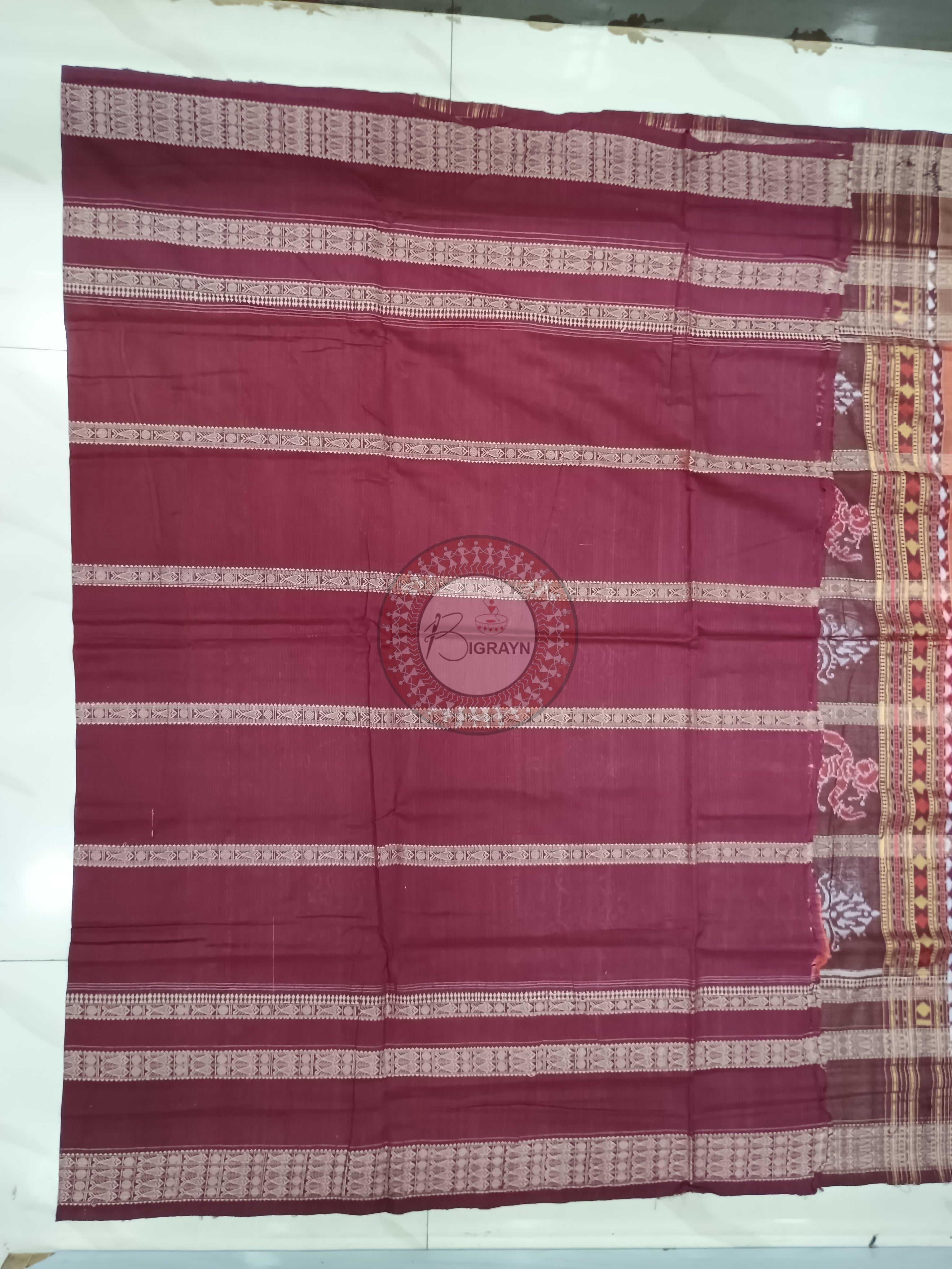Orange Maroon Tree Design Odisha Handloom Sambalpuri Cotton Saree