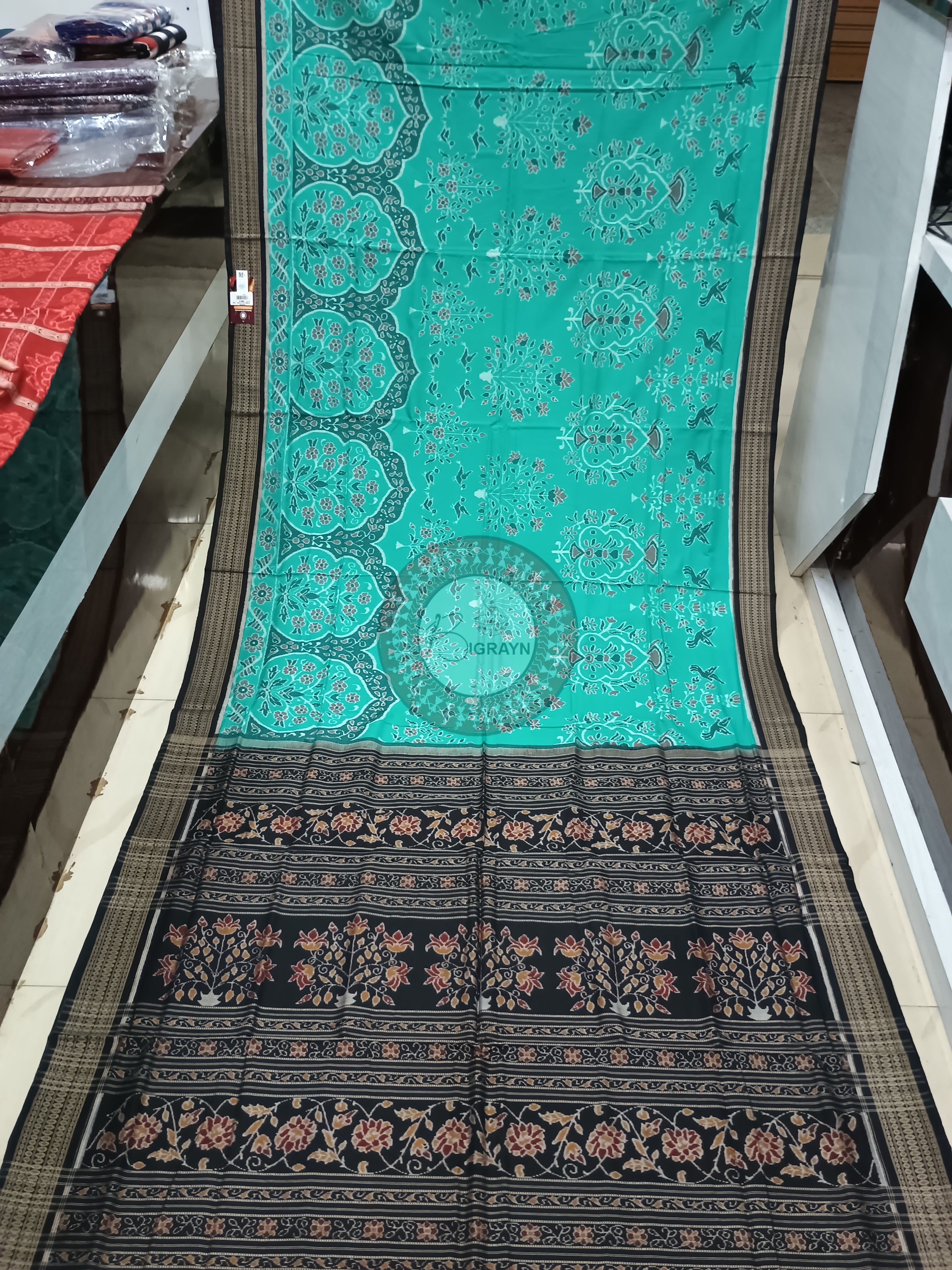 Sea Green Black Upabana Design Odisha Handloom Sambalpuri Cotton Saree