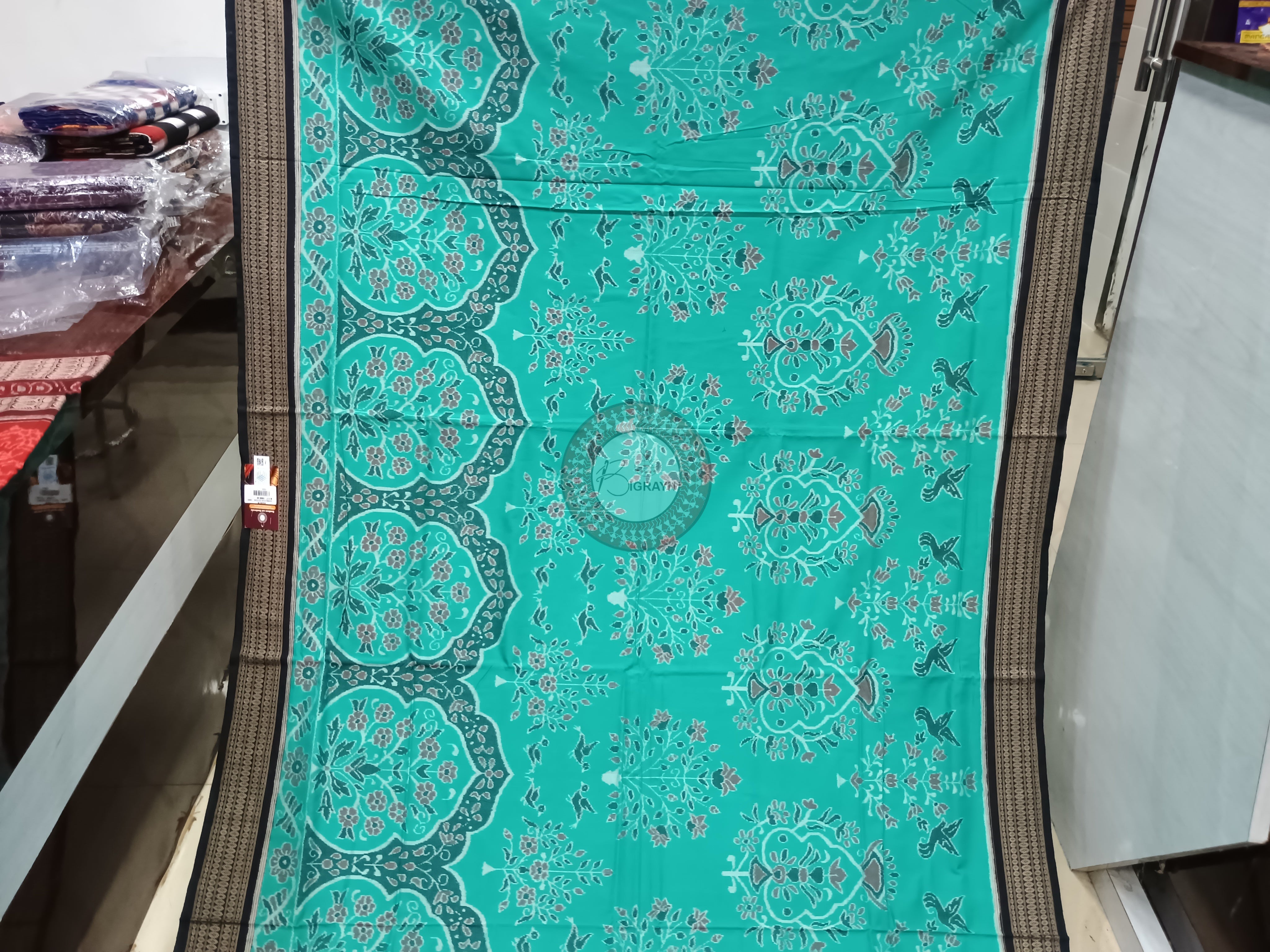 Sea Green Black Upabana Design Odisha Handloom Sambalpuri Cotton Saree