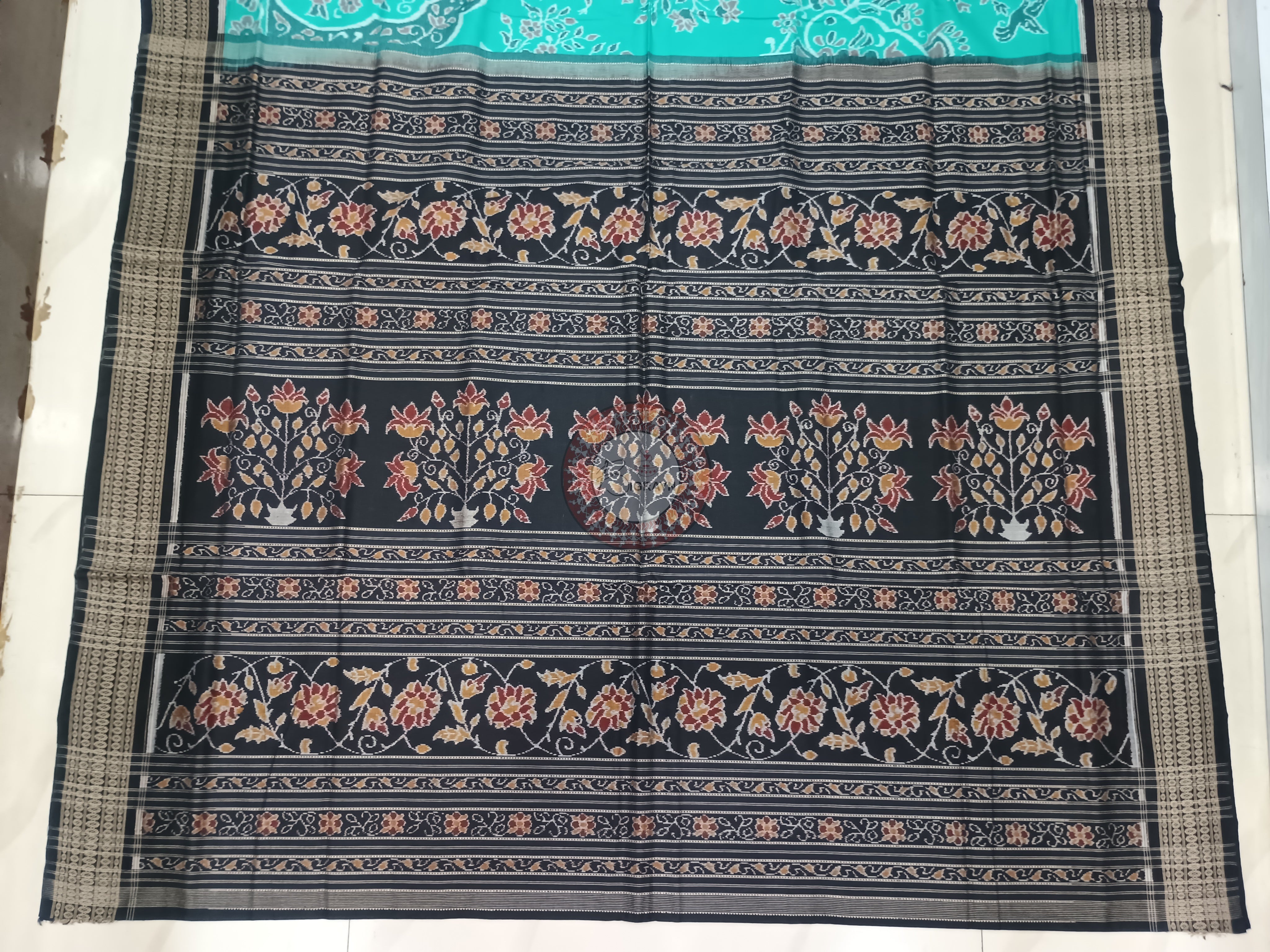 Sea Green Black Upabana Design Odisha Handloom Sambalpuri Cotton Saree