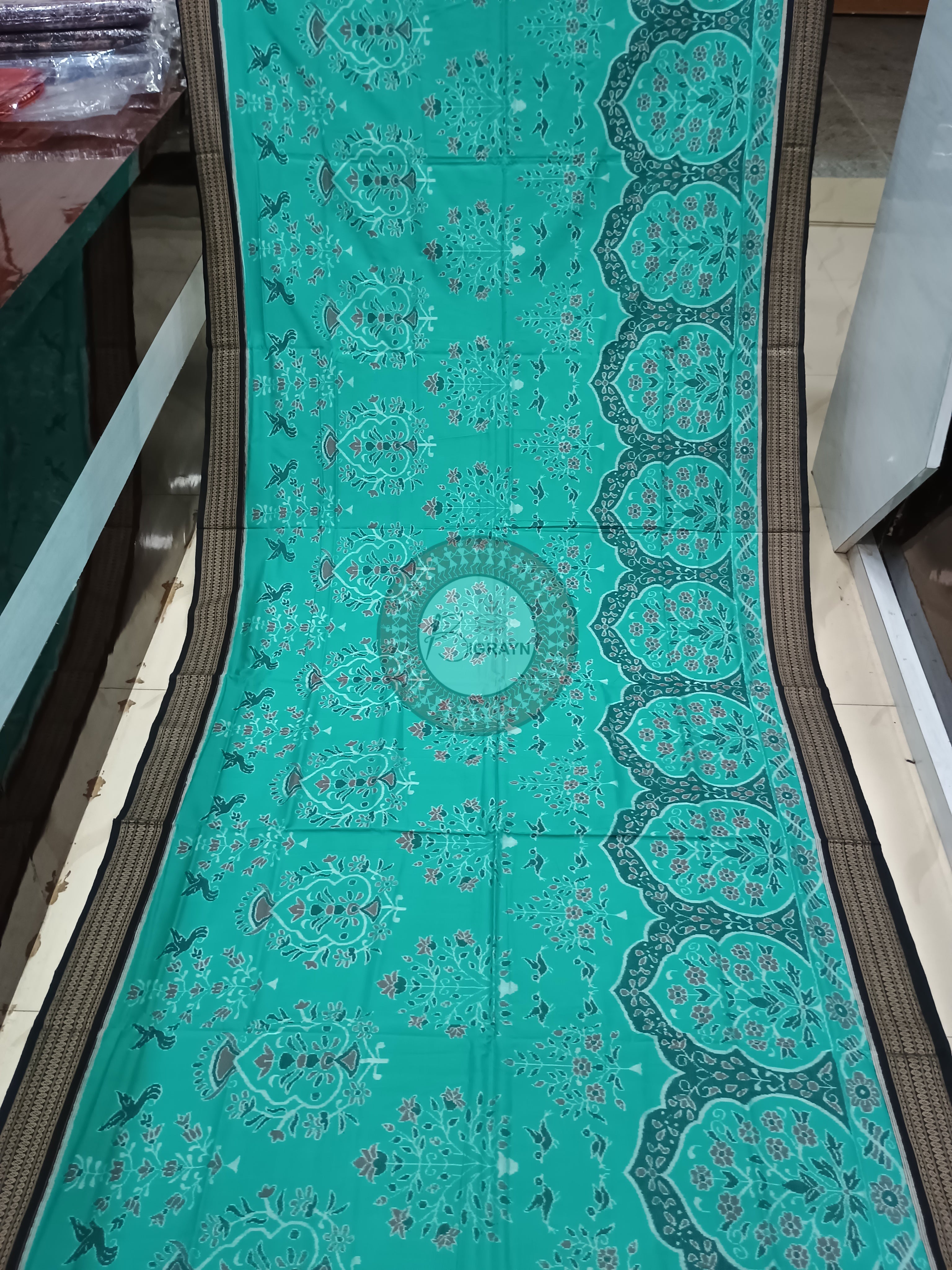 Sea Green Black Upabana Design Odisha Handloom Sambalpuri Cotton Saree