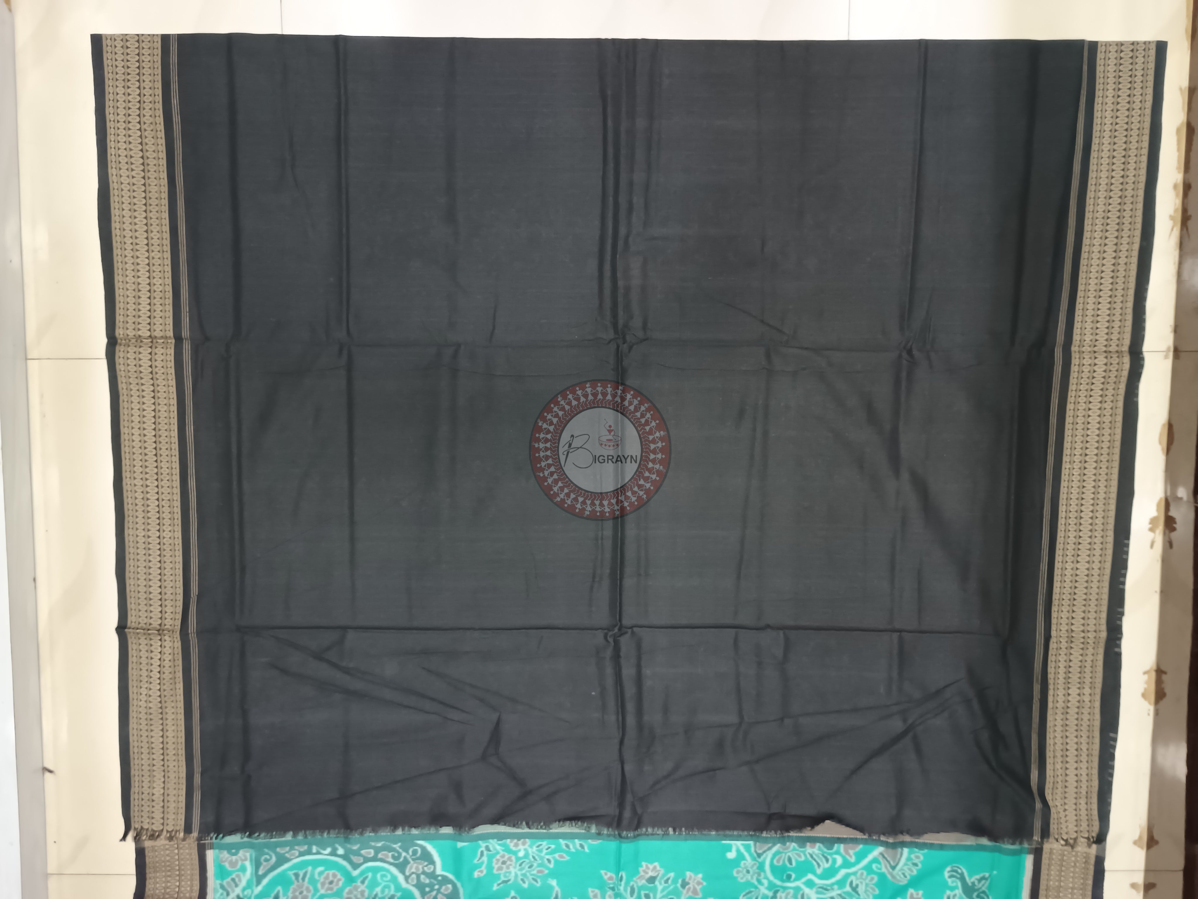 Sea Green Black Upabana Design Odisha Handloom Sambalpuri Cotton Saree