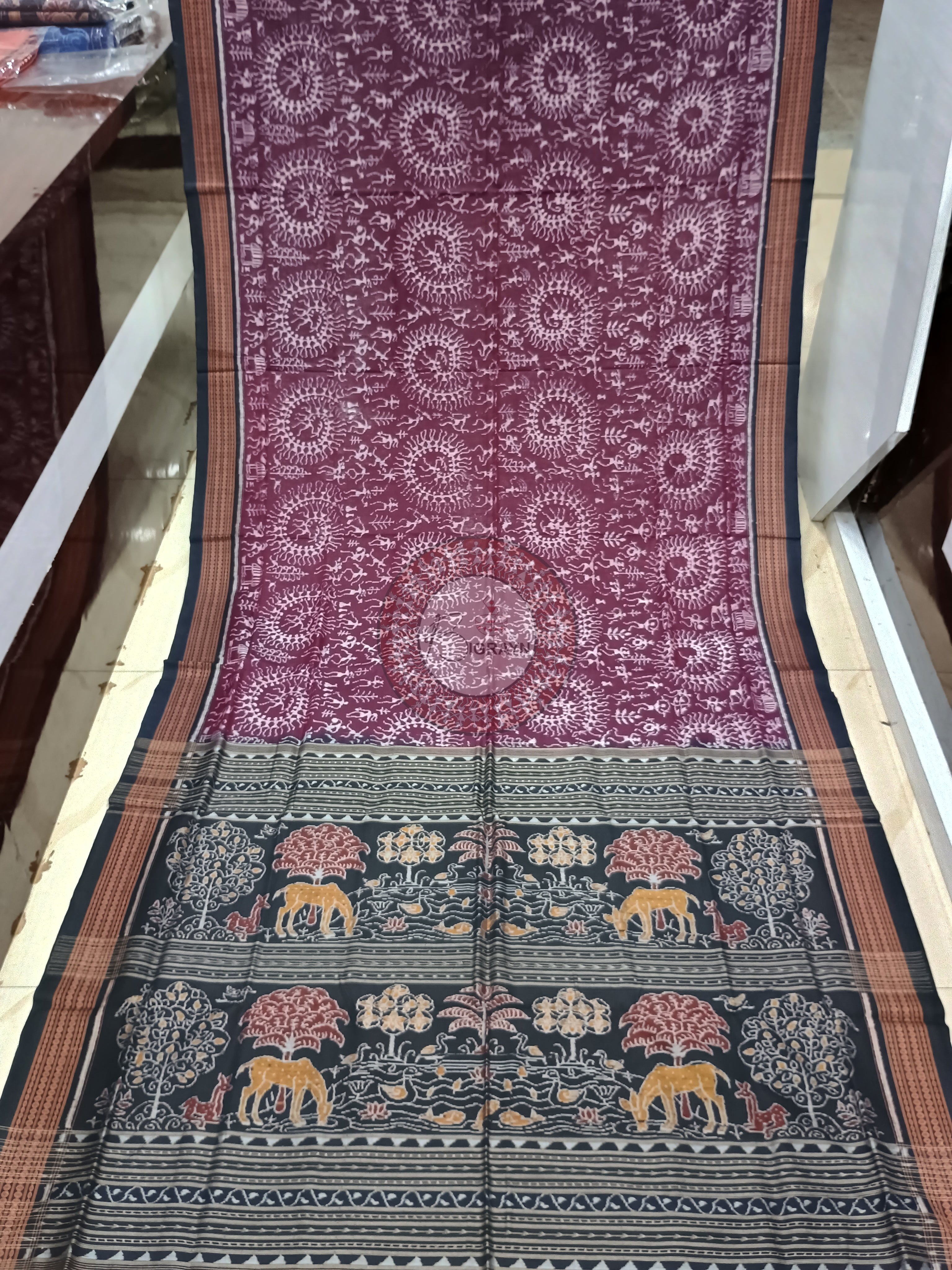 Purple Black Round Tribal Design Odisha Handloom Sambalpuri Cotton Saree