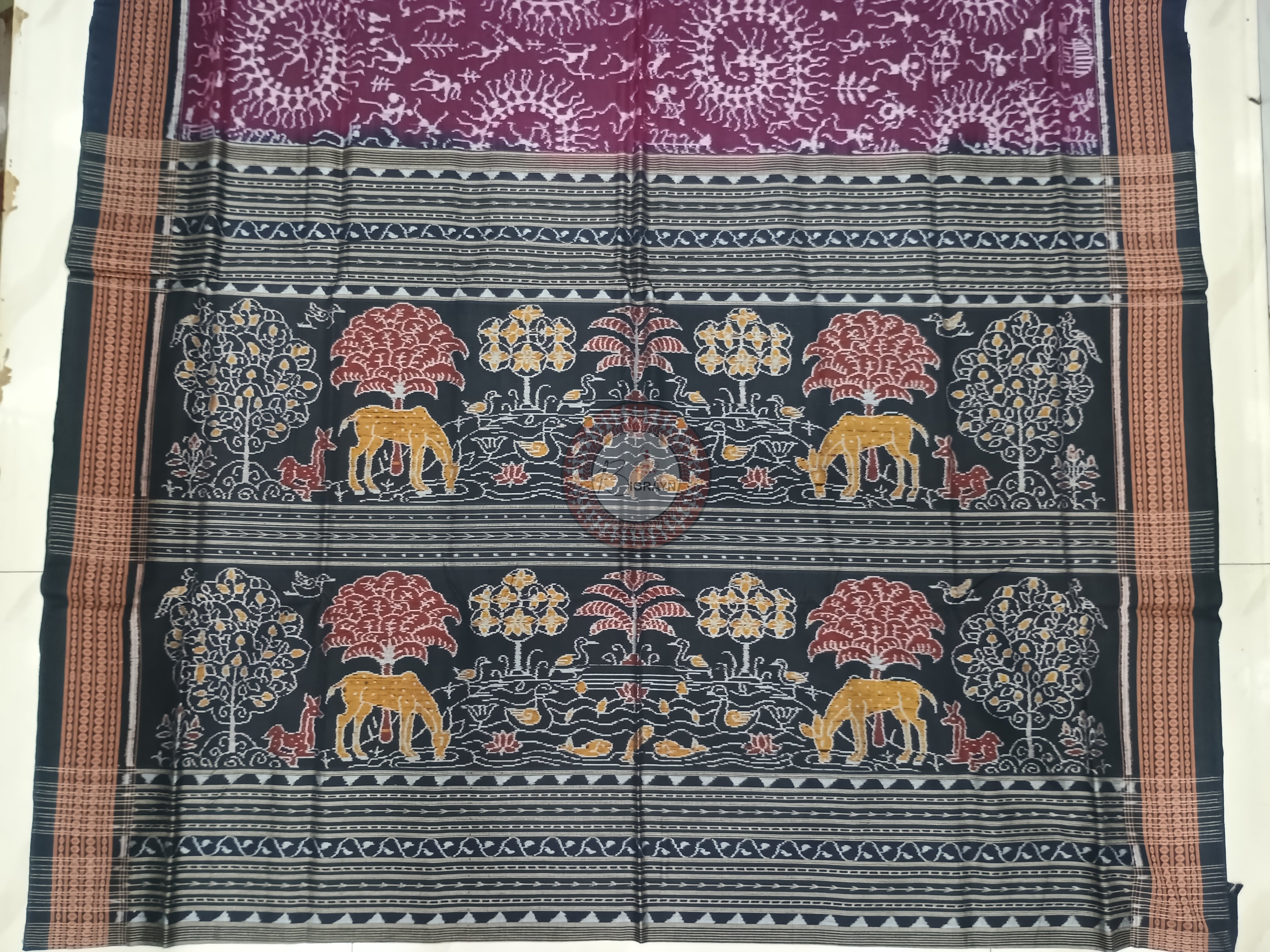 Purple Black Round Tribal Design Odisha Handloom Sambalpuri Cotton Saree