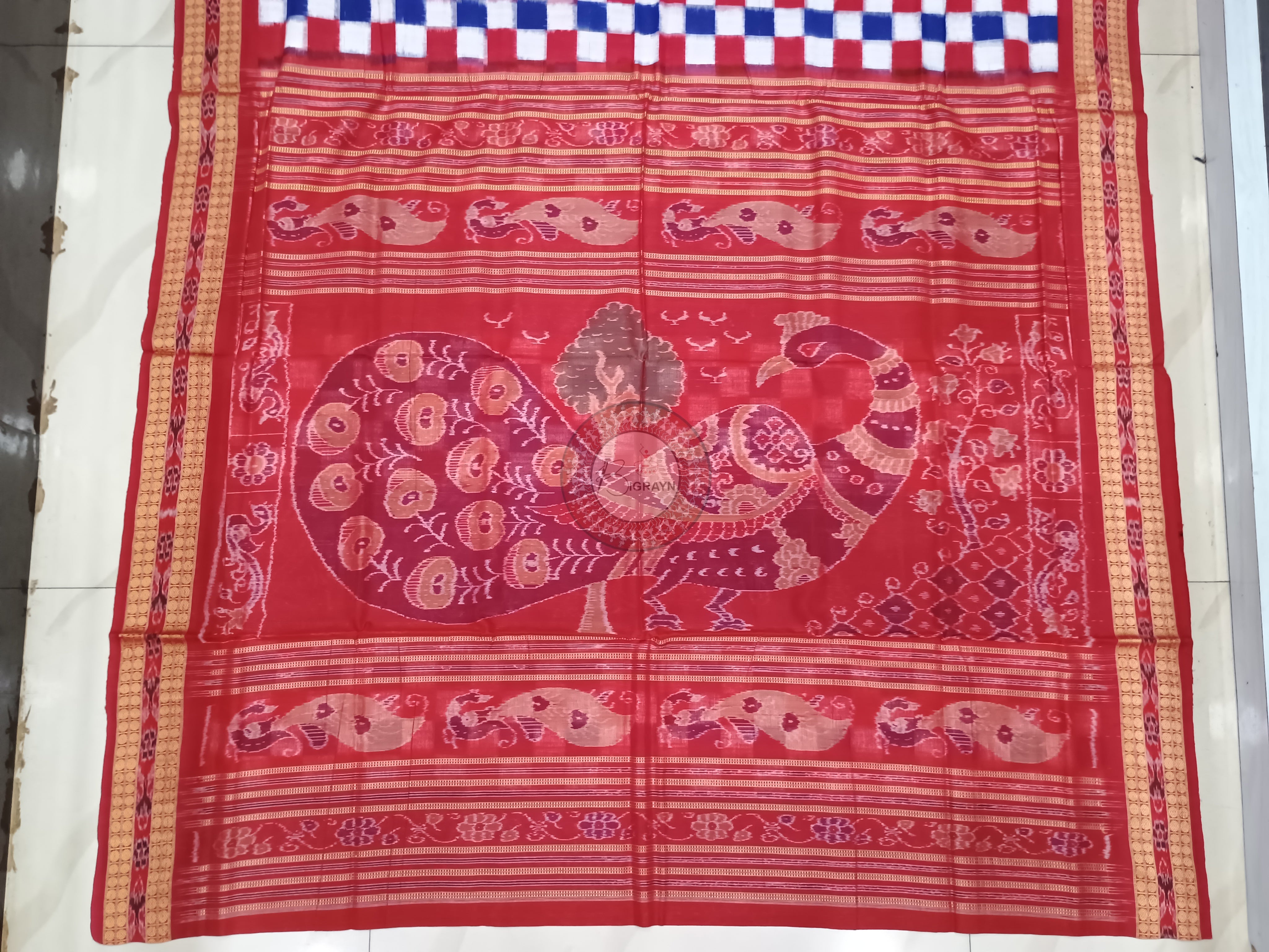 Blue Red Pasapali Dancer Design Odisha Handloom Sambalpuri Cotton Saree
